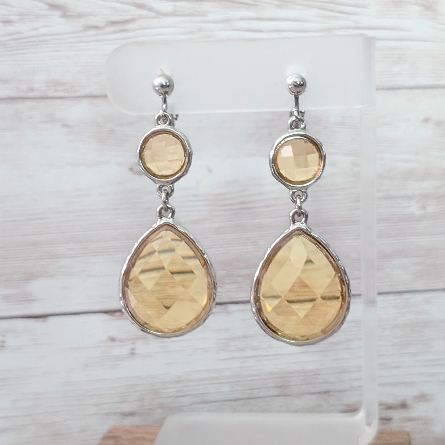 Vintage Clip On Earrings Silver Tone & Yellow-ish Dusky Large Statement Dangle