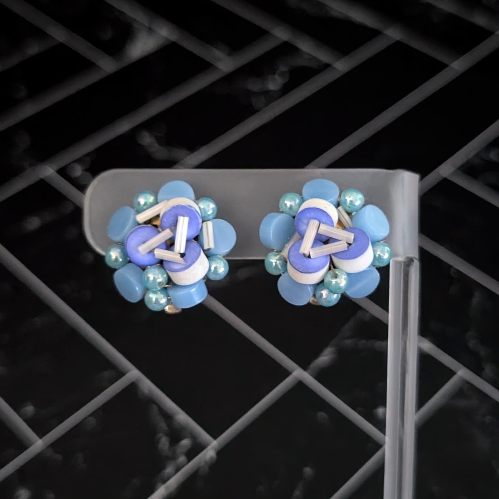 Vintage Clip On Earrings Really Unusual Blue Cluster Style Retro 7/8"