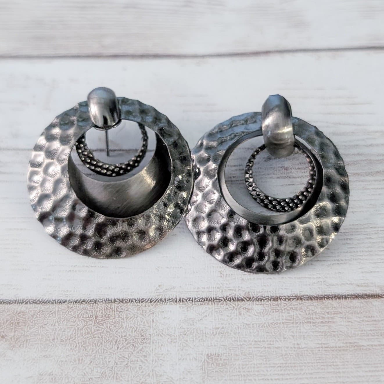Vintage Stud Earrings Grey/Dark Silver Tone Large Dangle Statement