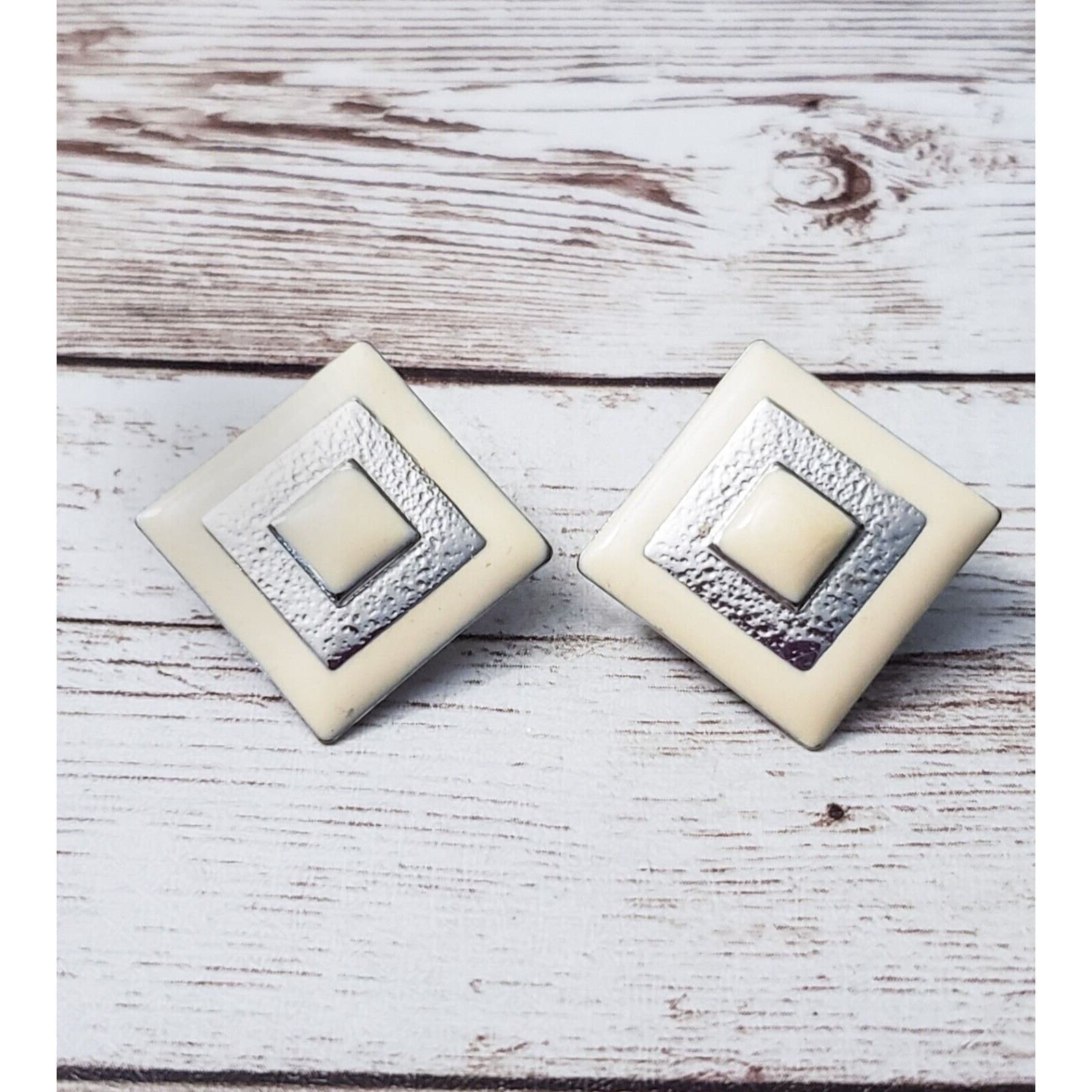 Vintage Clip On Earrings Cream & Silver Tone Diamond Shape 1 & 1/8"