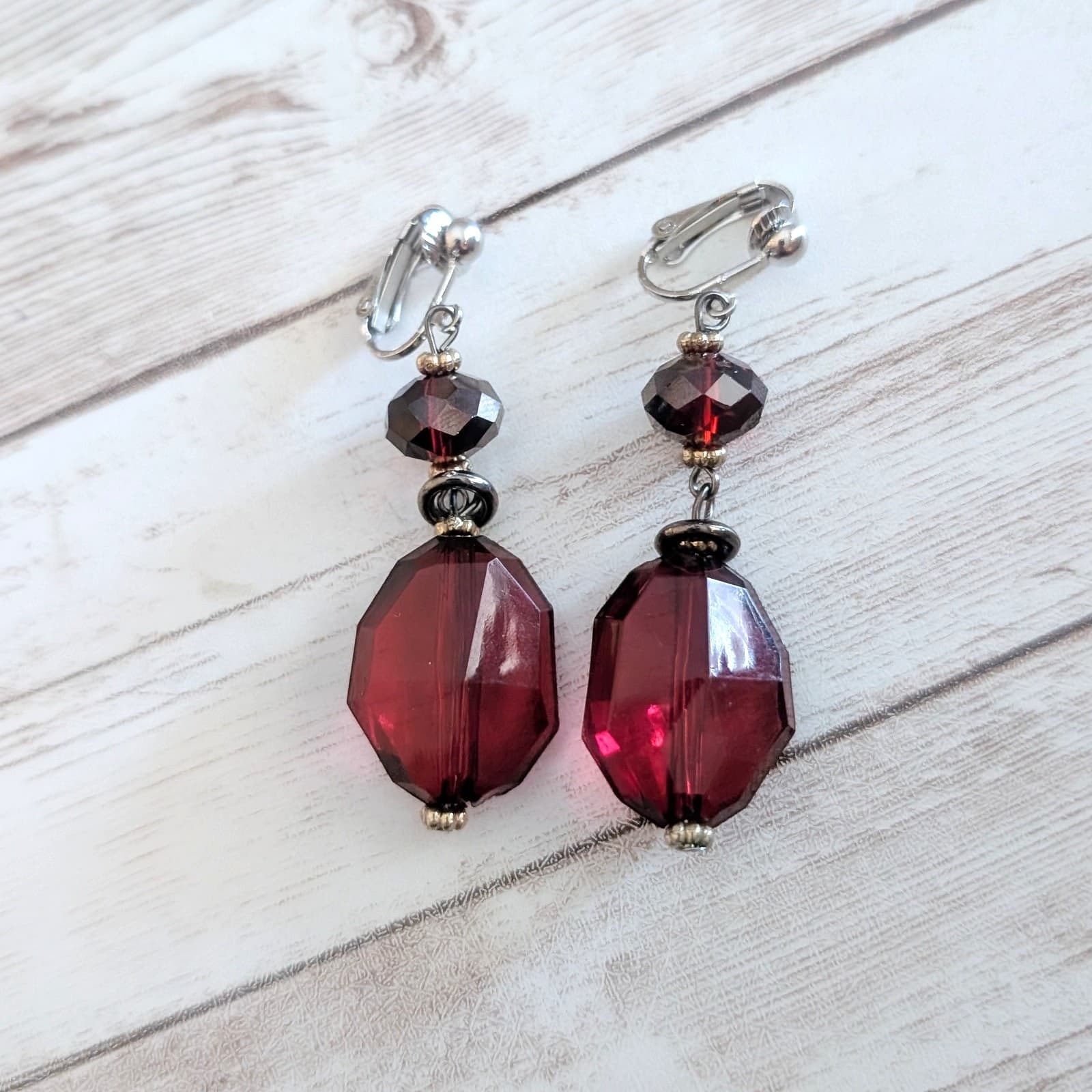 Vintage Clip On Earrings Deep Red Dangle Earrings