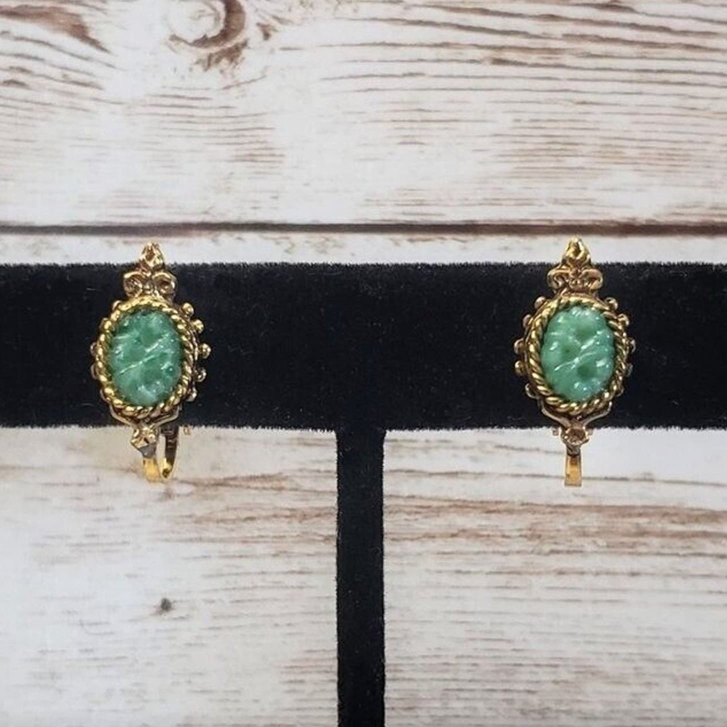 Vintage Clip On Earrings Green with Ornate Halo Oval Shape - 0.75"
