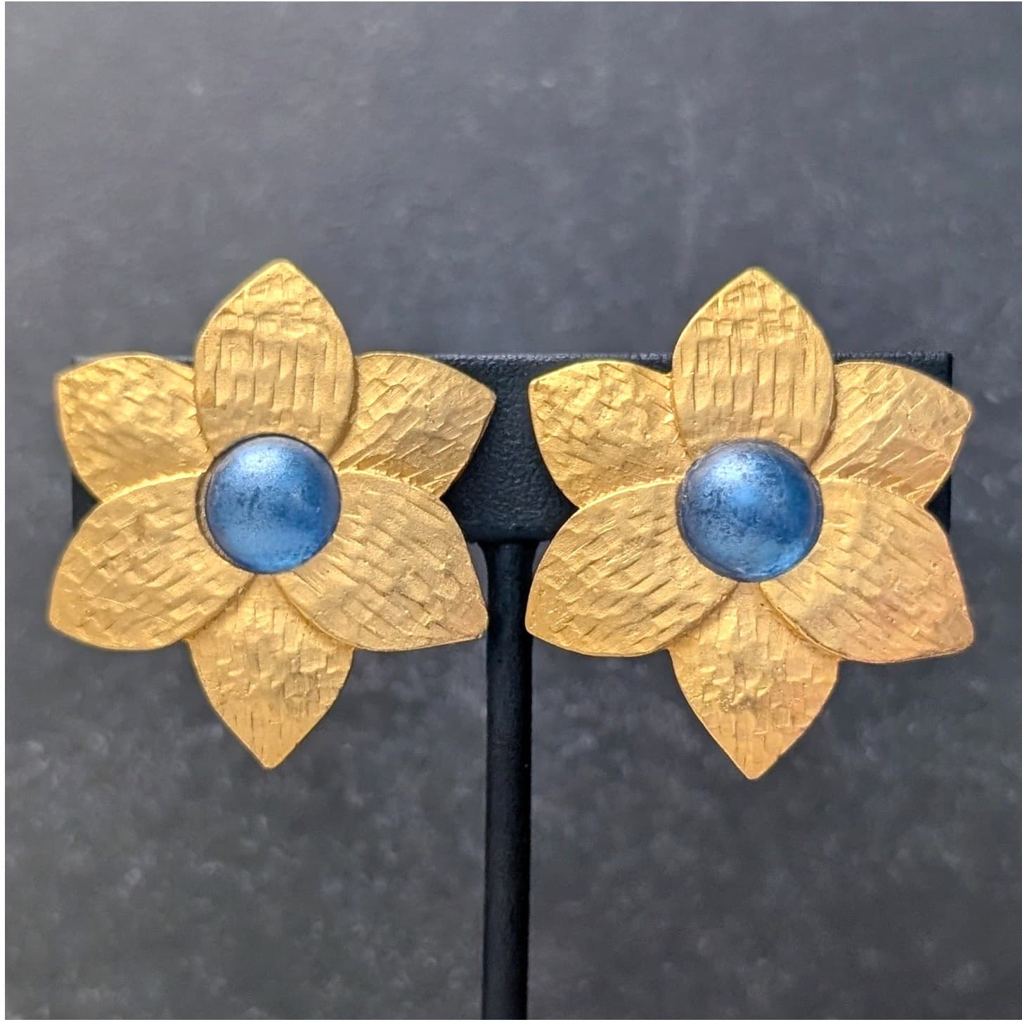 Vintage Clip On Earrings Extra Large Flower Gold Tone & Blue Statement Whimsical