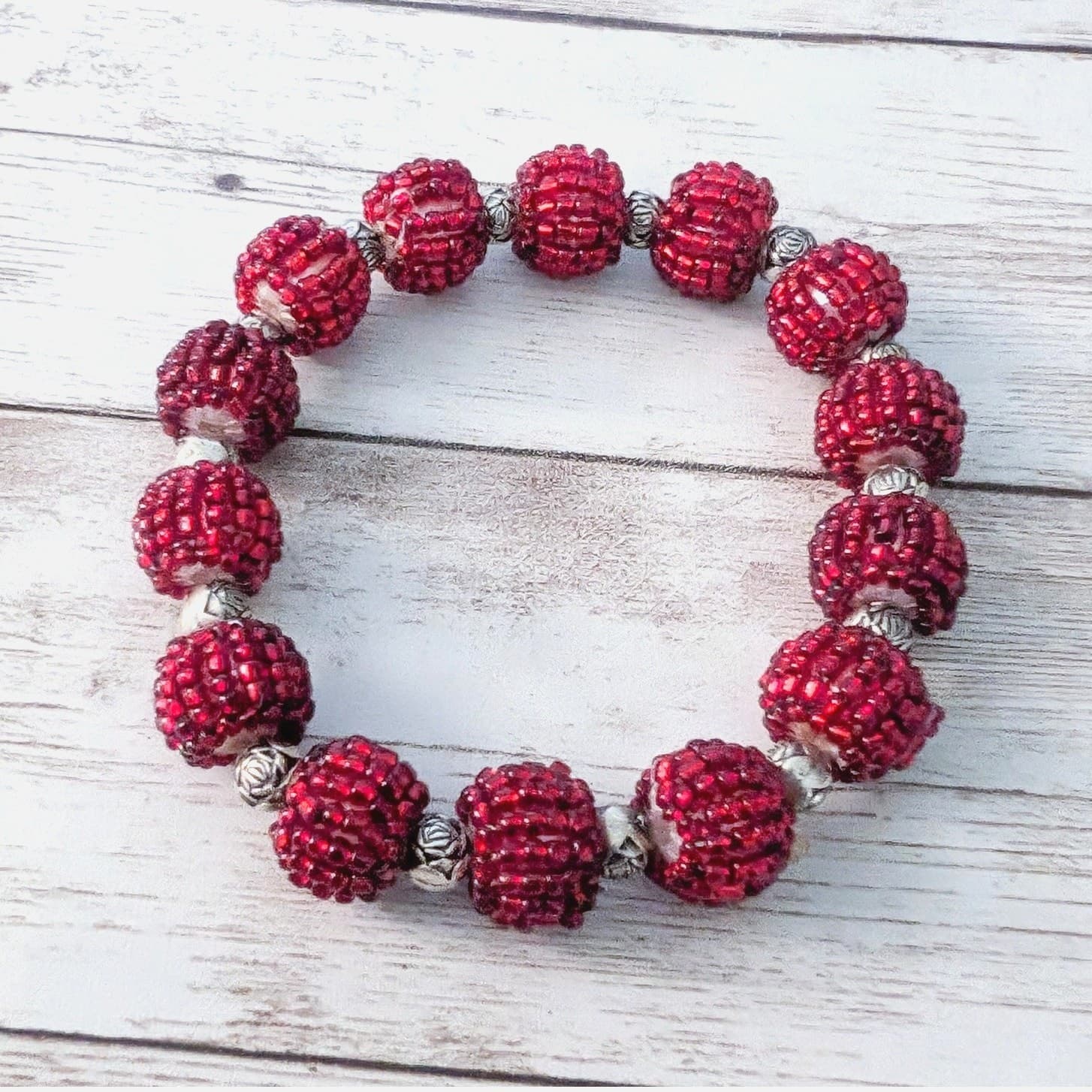 Vintage Bracelet Chunky Red & Silver Tone Pretty Red Beaded Beads Statement