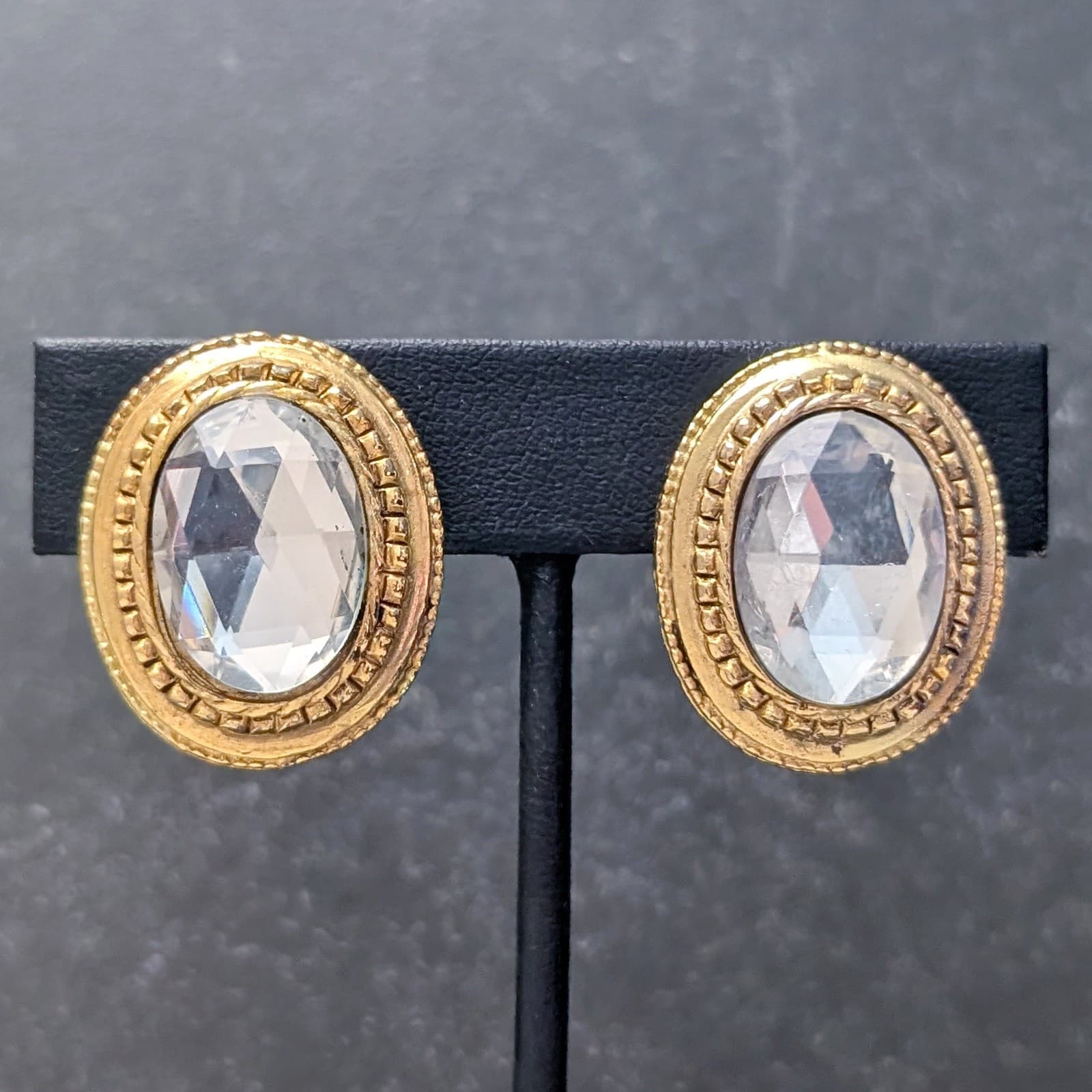 Vintage Dauplaise Clip On Earrings Large Gold Tone with Clear Gem Oval Statement