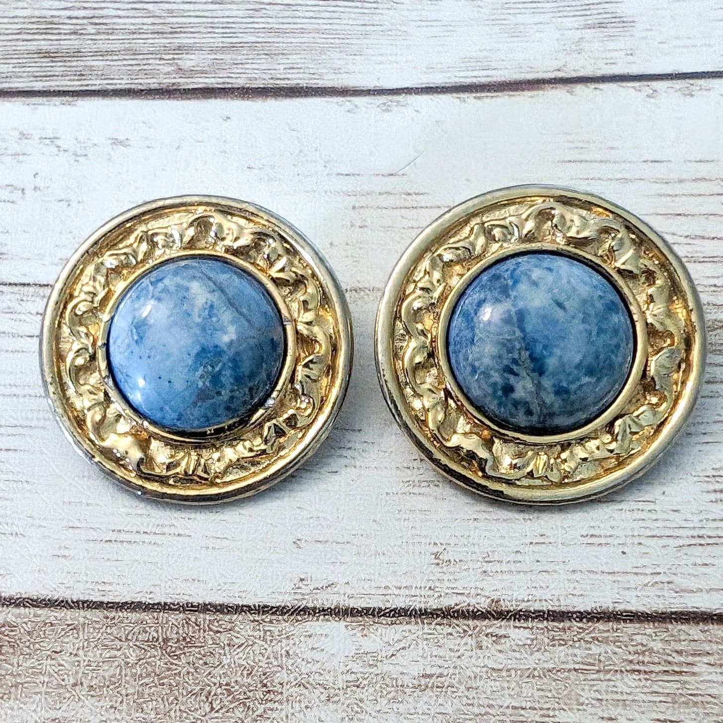 Vintage Clip On Earrings Large Blue Center with Gold Tone Ornate Halo 1 & 1/8"