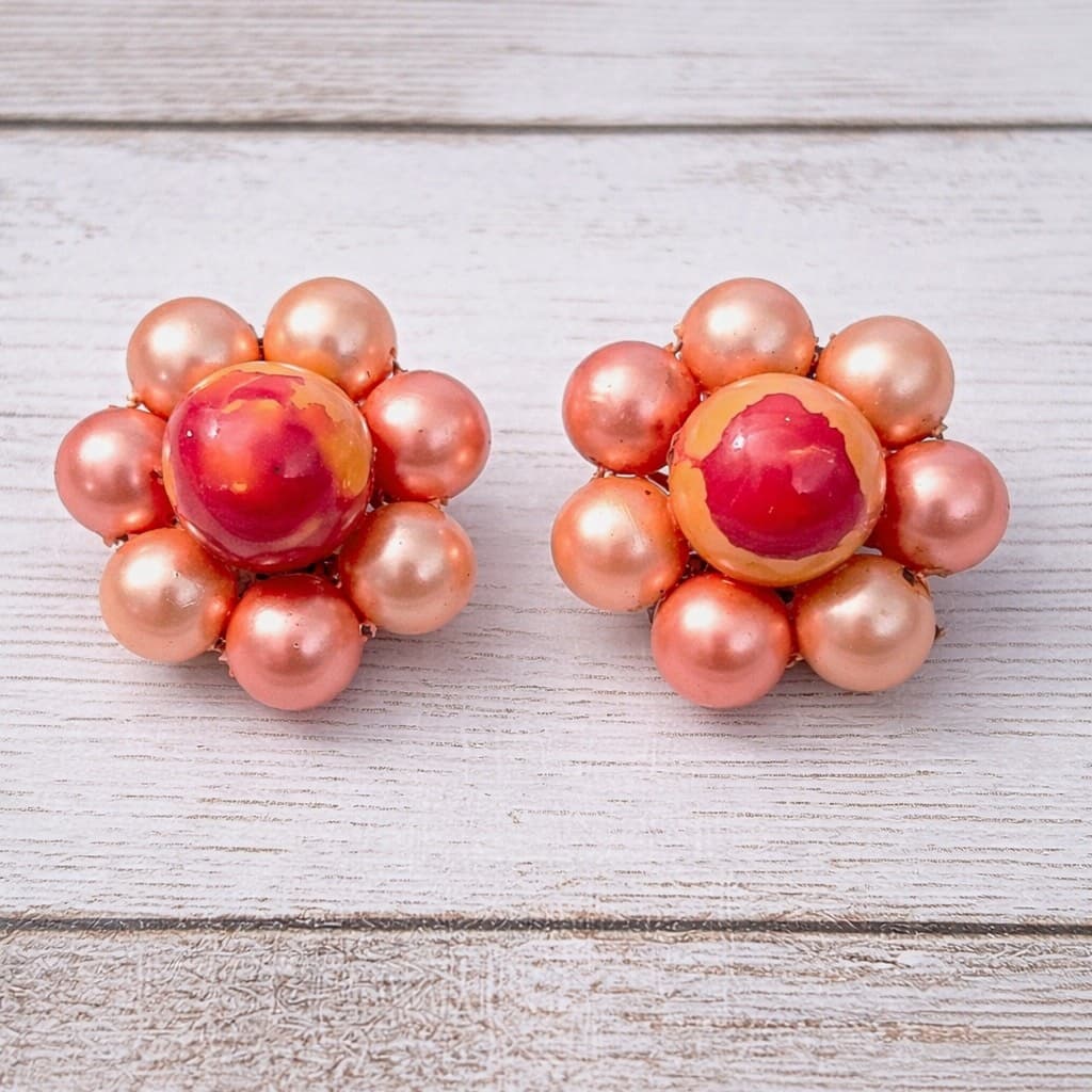 Vintage Clip On Earrings Retro Unusual Orange Tones Cluster 1"