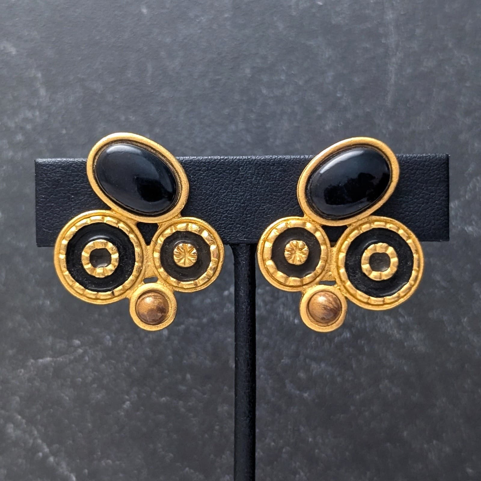 Vintage Clip On Earrings Large Glam Gold Tone, Black, Tan 1.25"- Statement