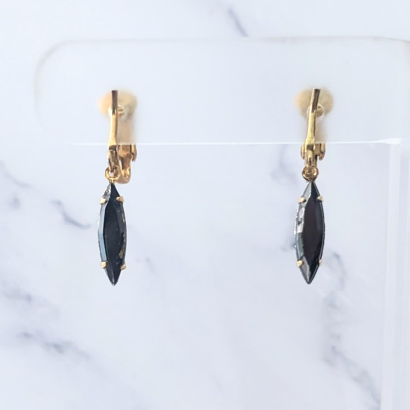 Vintage Clip On Earrings Dark Gem & Gold Tone Dangle Earrings