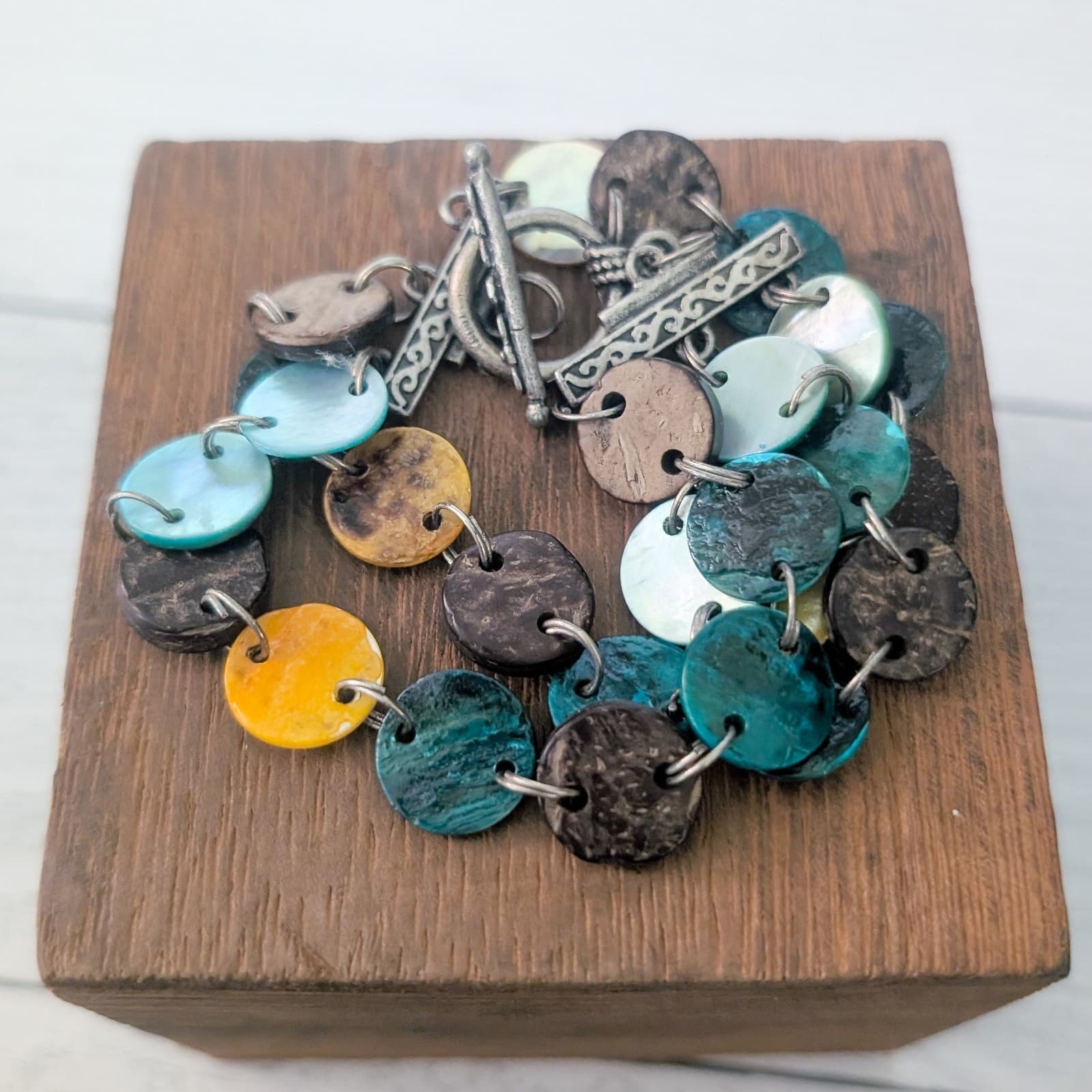 Green & Yellow Painted? Shell? Multi Row Bracelet