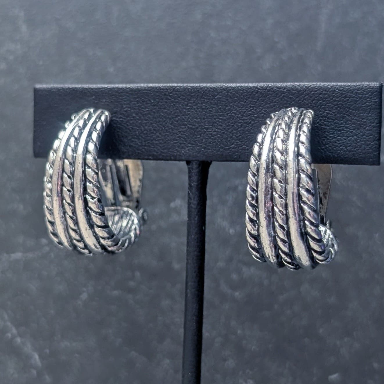 Vintage Clip On Earrings Woven Silver Tone Large Elongated Statement Hoops