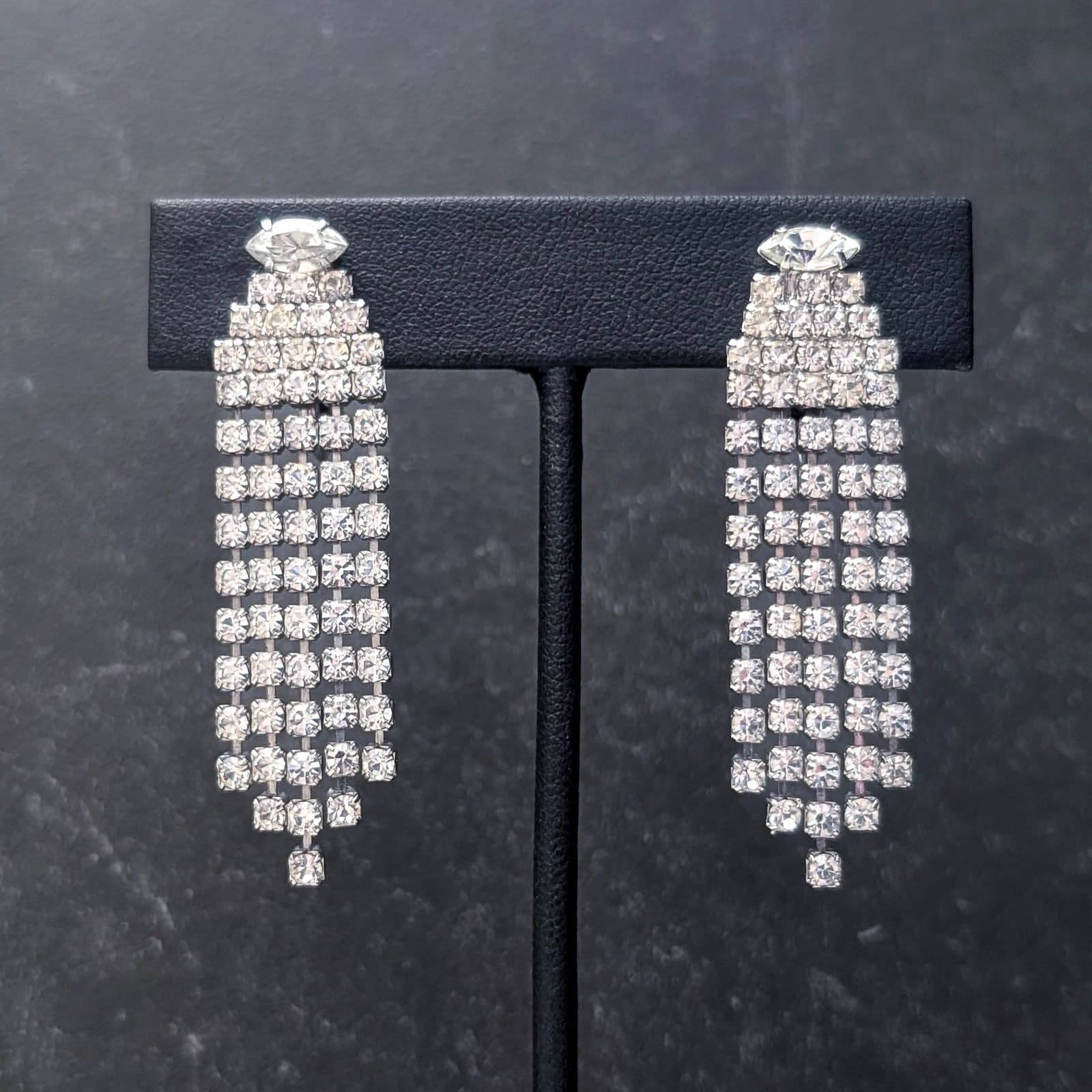 Vintage Clip On Earrings Stylish & Elegant Dangle Drop Silver Tone & Clear Gems