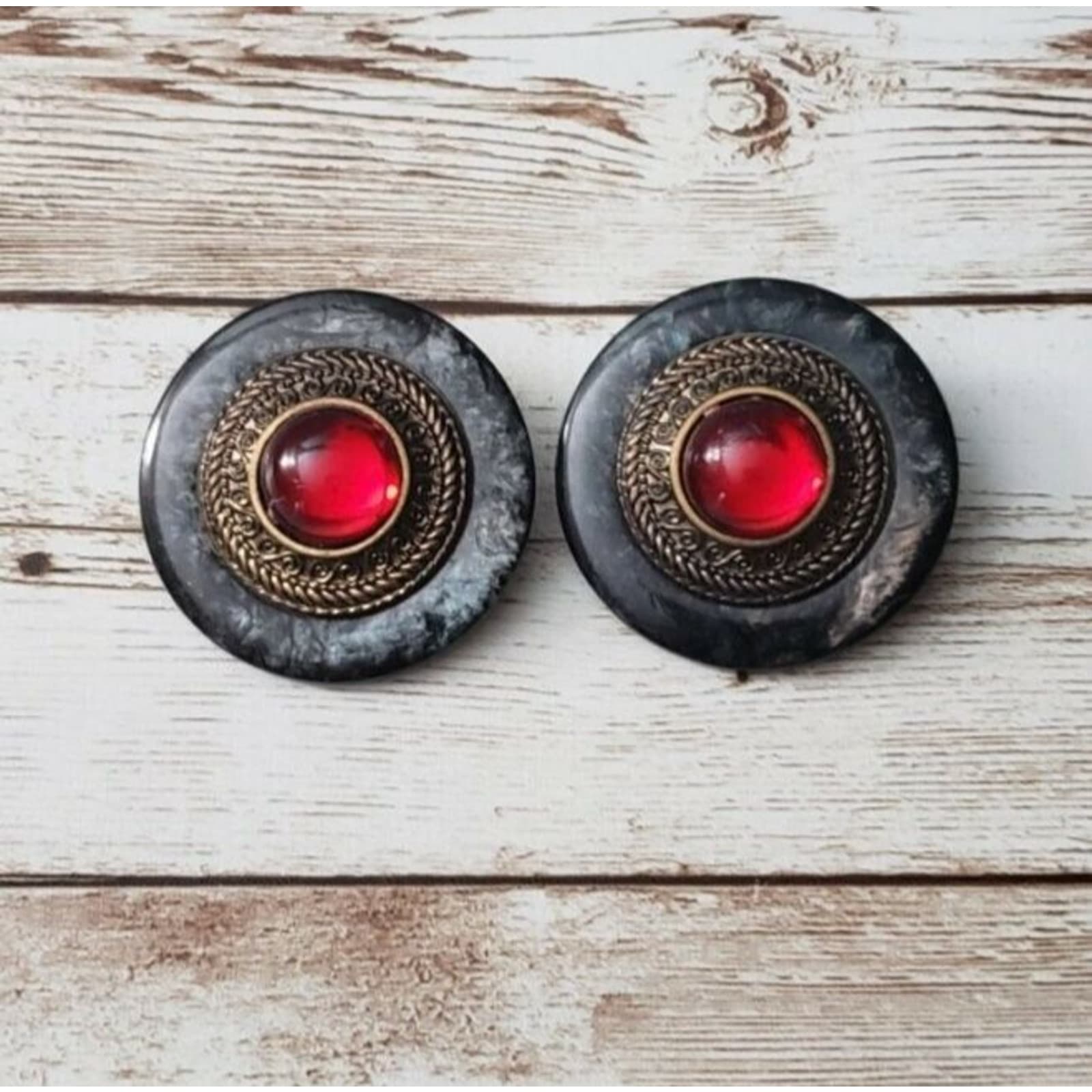 Vintage Clip On Earrings - Elegant Black & Red Circle 1.5" Statement Earrings