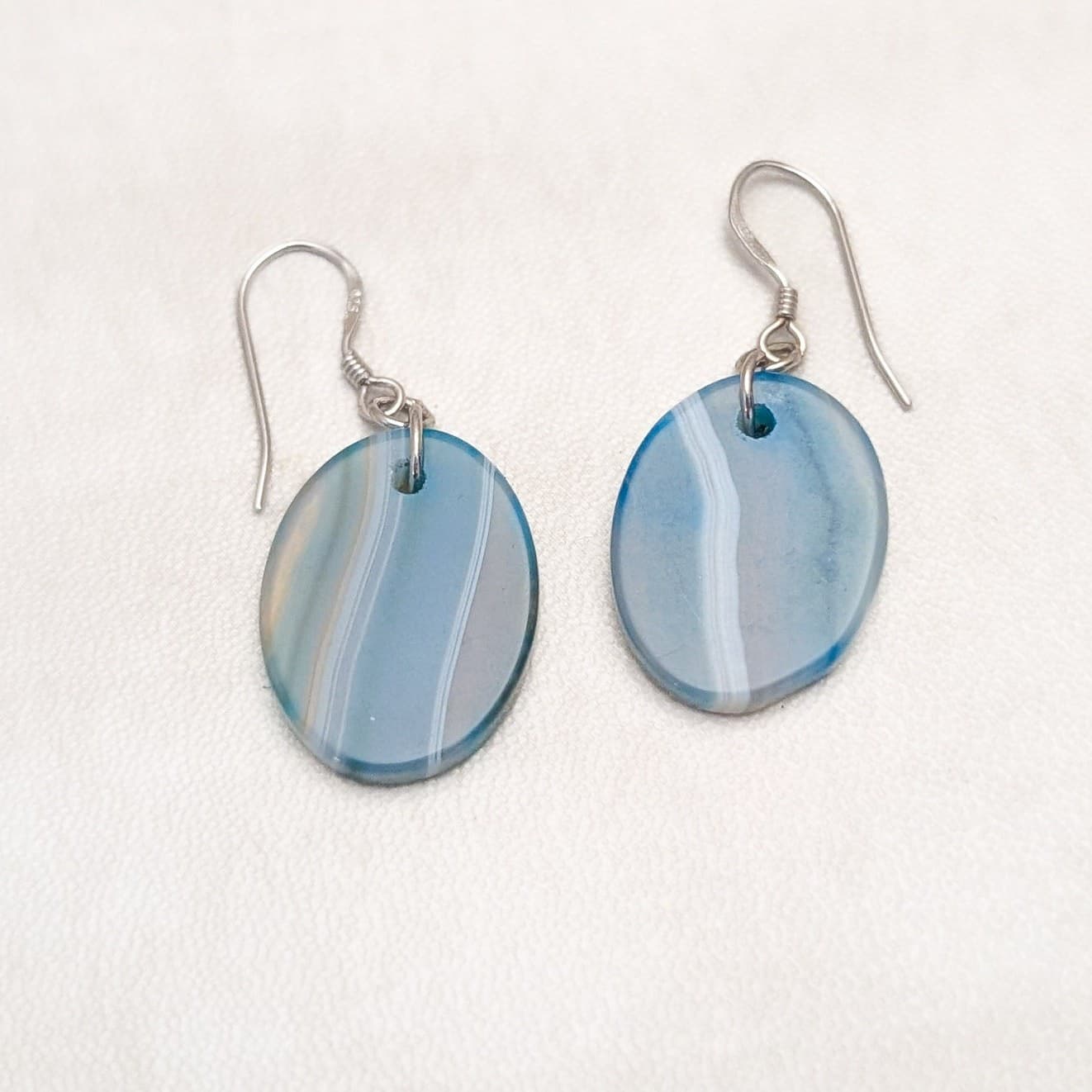Vintage Dangle Drop Earrings Blue/Green/White Tones Oval Stone? 925 Silver Hooks