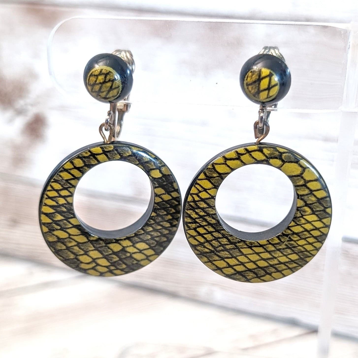 Vintage Clip On Earrings 1 & 5/8" Very Large Stunning Scale Pattern Dangle Drop