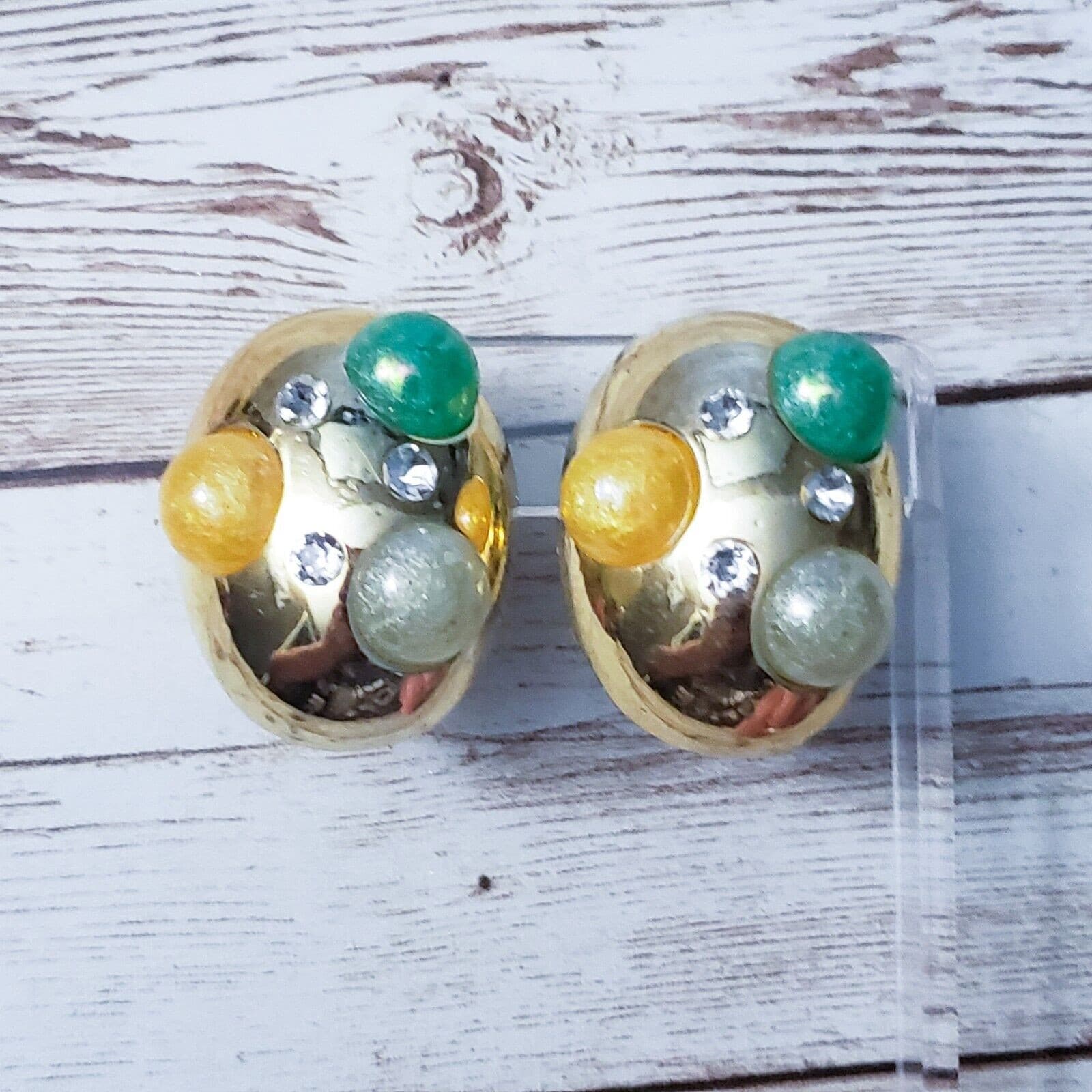 Vintage Clip On Earrings - 1.5" Unusual Gold Tone Domed Oval with Gems