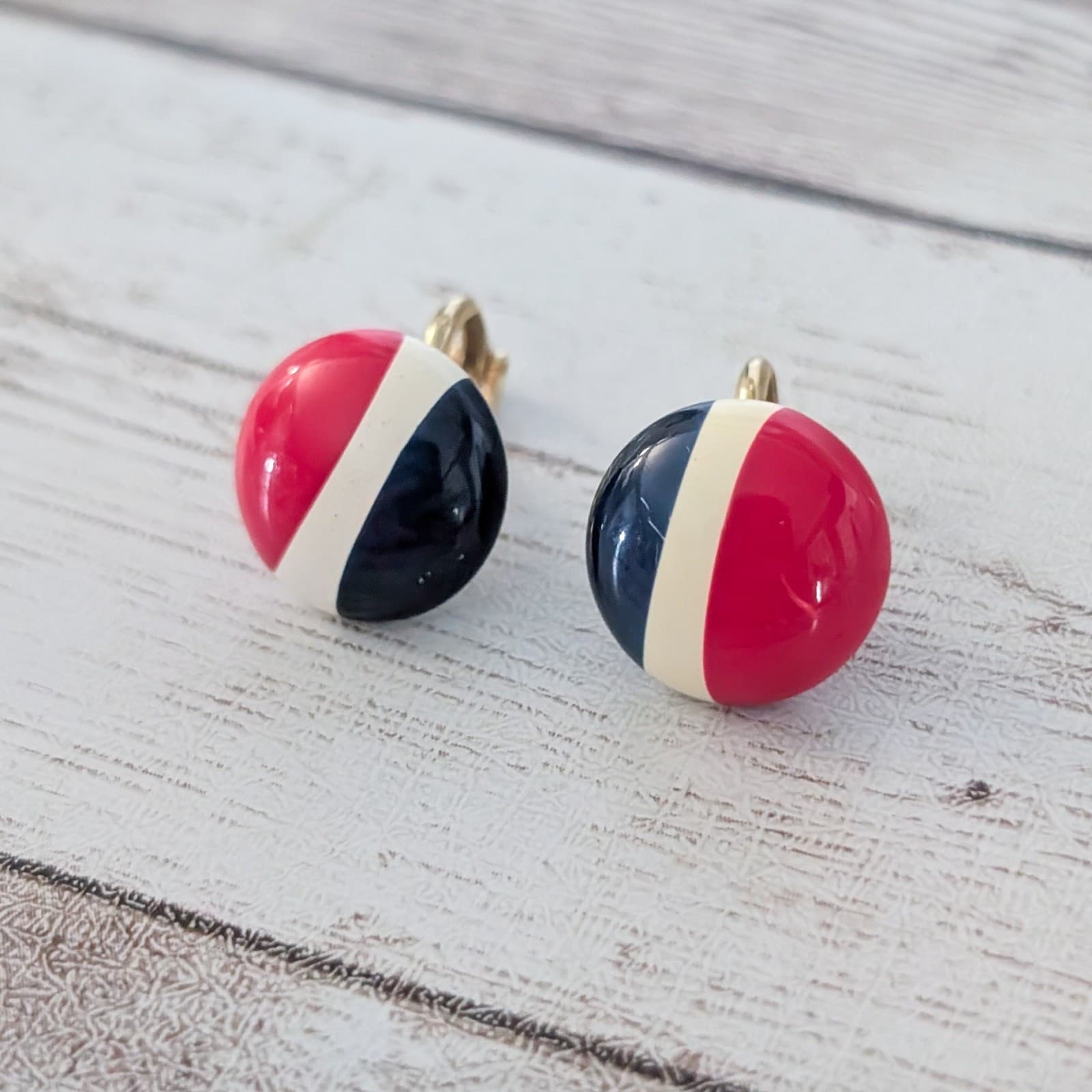 Vintage Clip On Earrings Small Blue, Cream Red