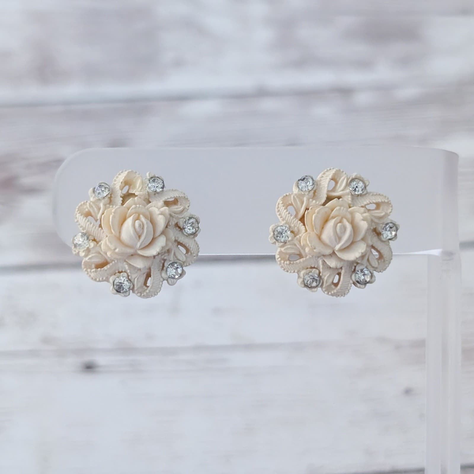 Vintage Screw On Earrings Pretty Cream Flower with Clear Gems