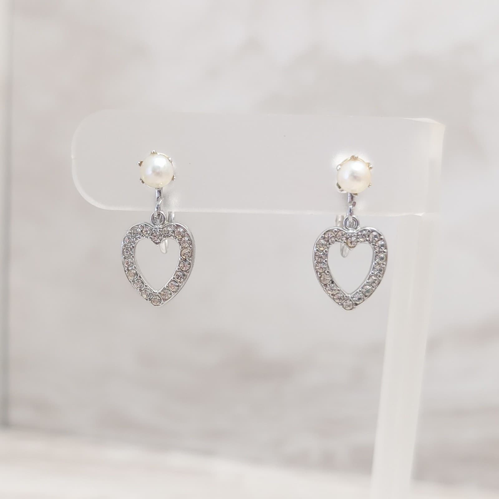 Vintage Clip On Earrings Faux Pearl, Clear Gem, Silver Tone Heart Shape Dangle