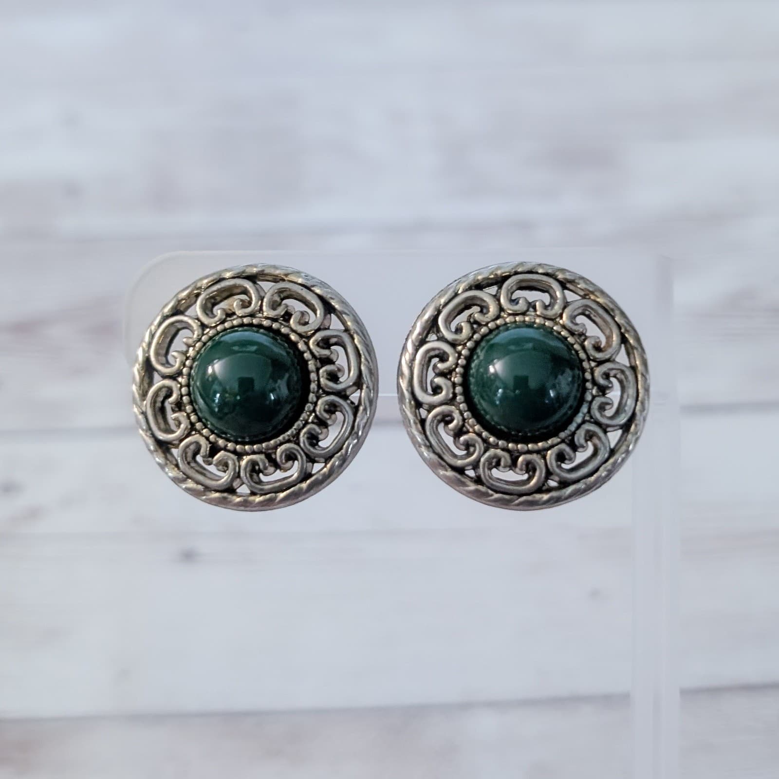 Vintage Clip On Earrings Statement Ornate Dark Gold Tone with Green Center 1"