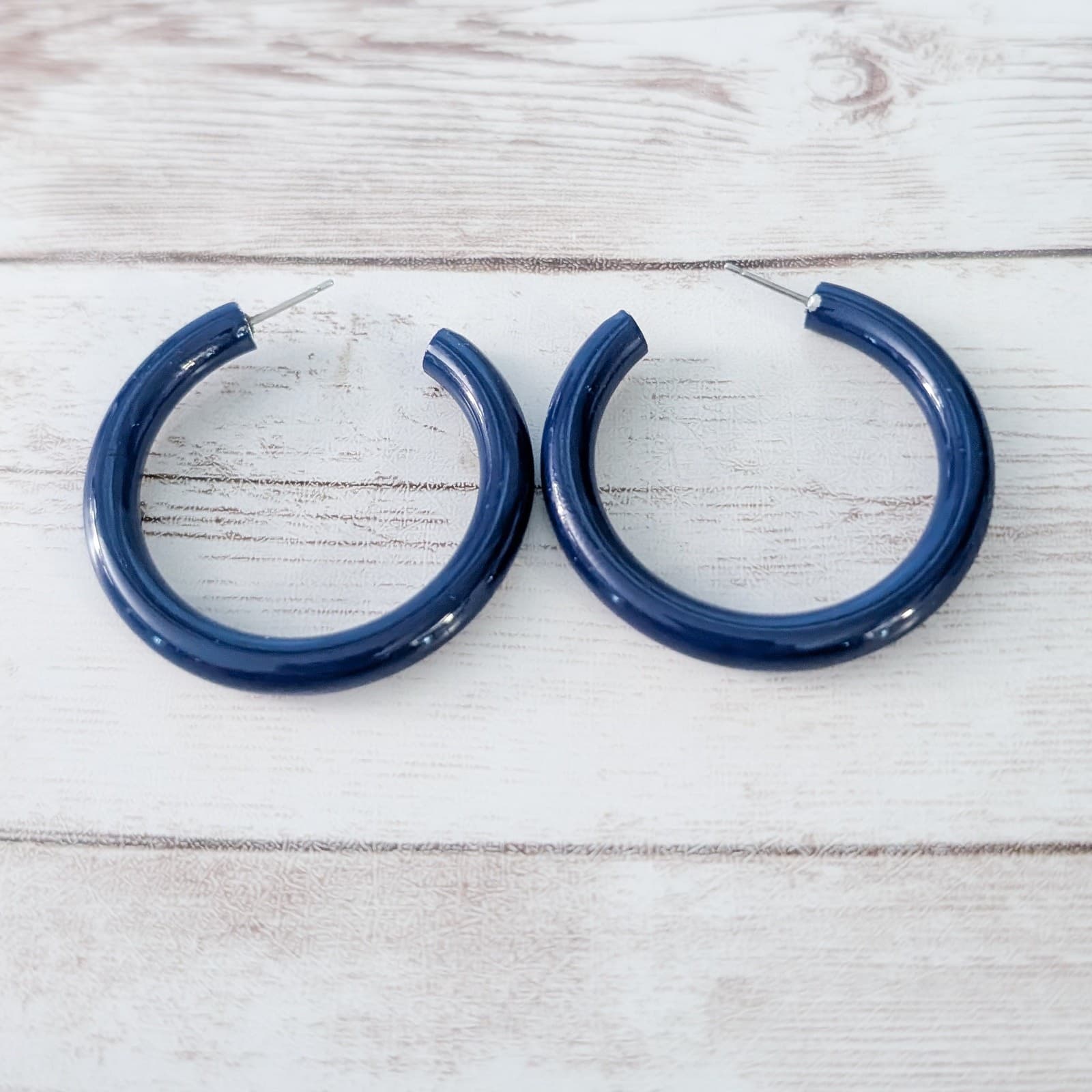 Vintage Stud Earrings - Dark Blue Large Hoops 1 & 5/8" Statement Retro