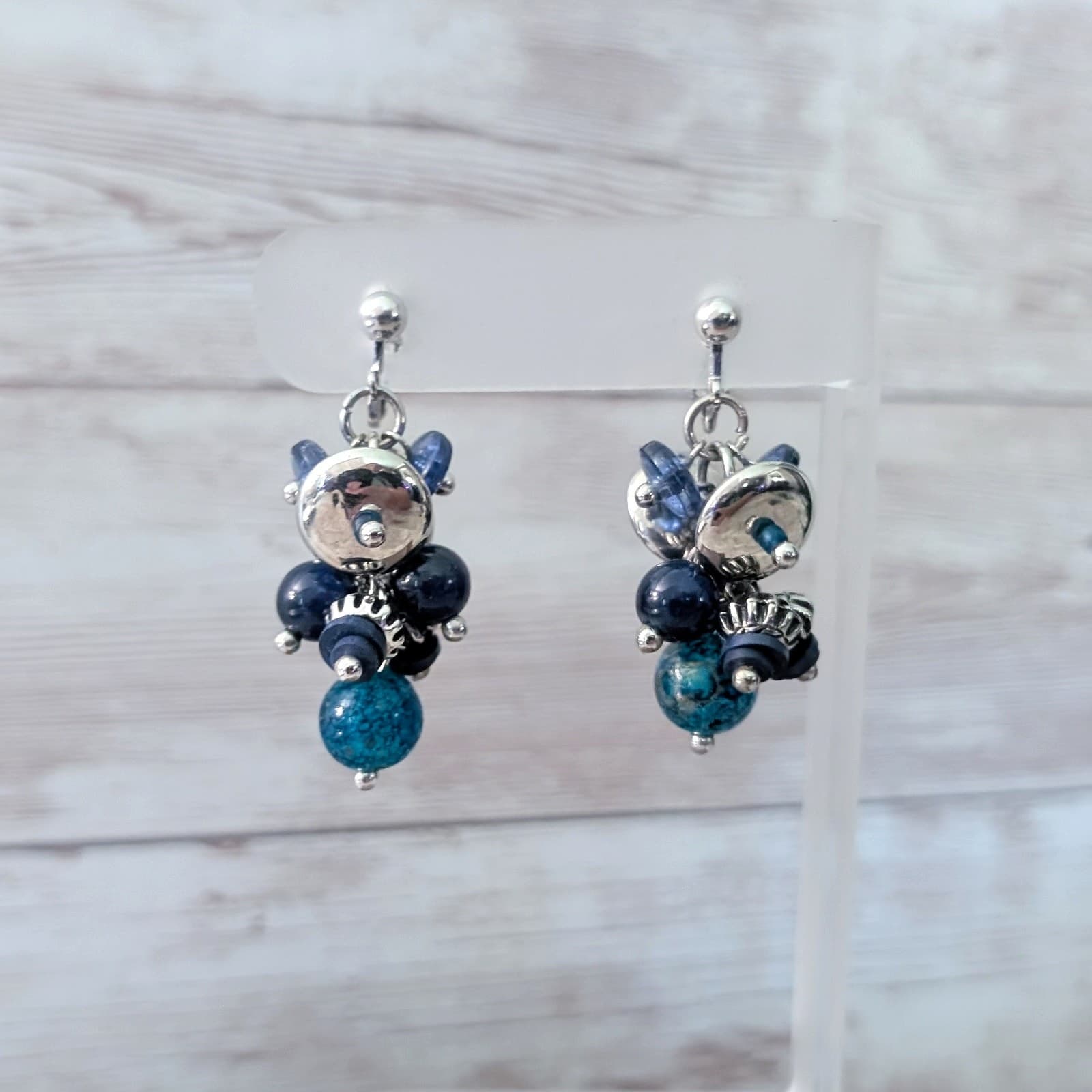 Vintage Clip On Earrings Blue & Silver Tone Cluster Dangle Statement