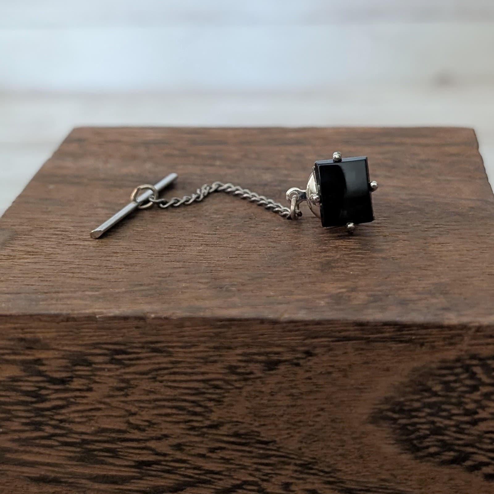Vintage Tie Tack / Tie Pin Silver Tone & Black Gem