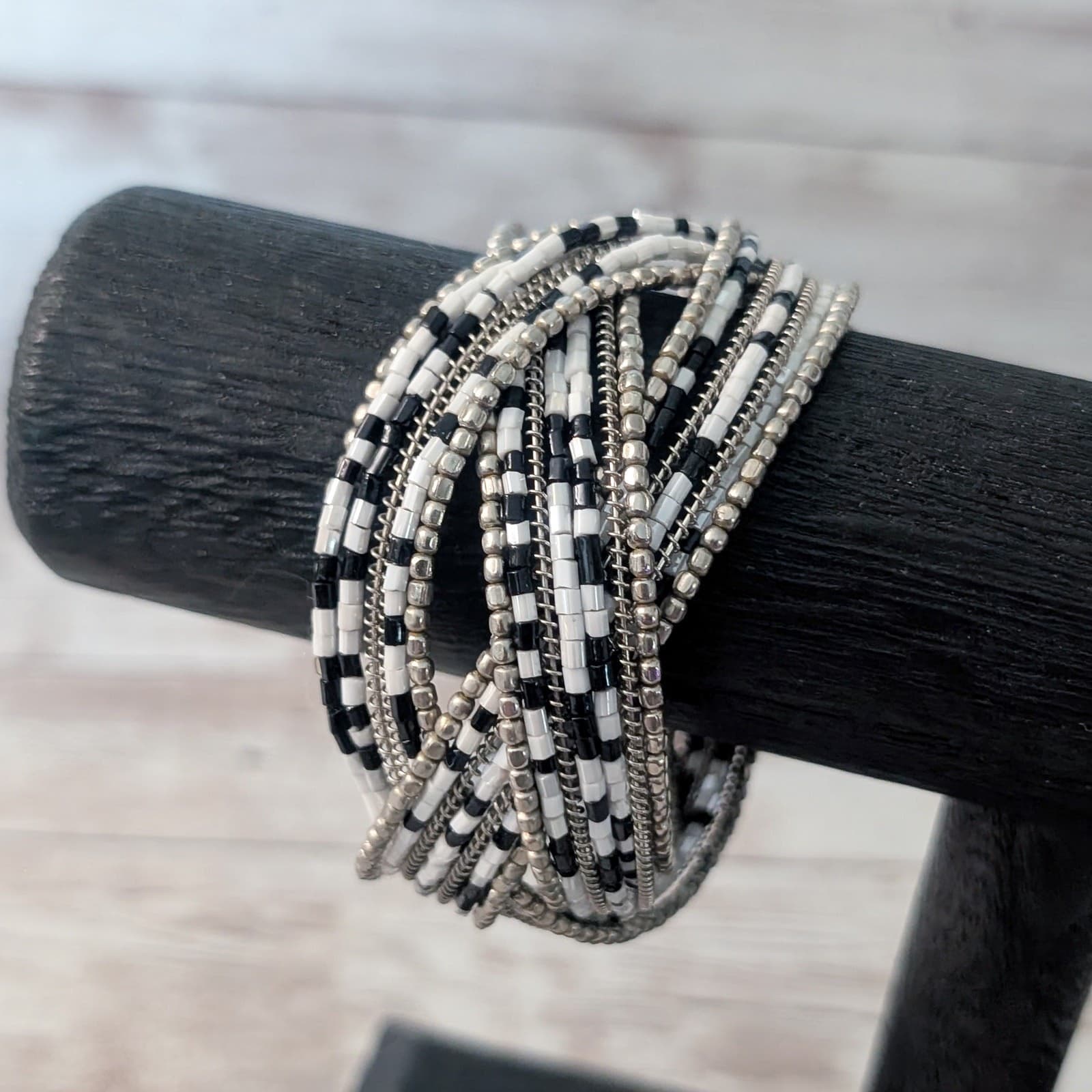 Vintage Cuff Bracelet Black, White, Silver Tone Statement