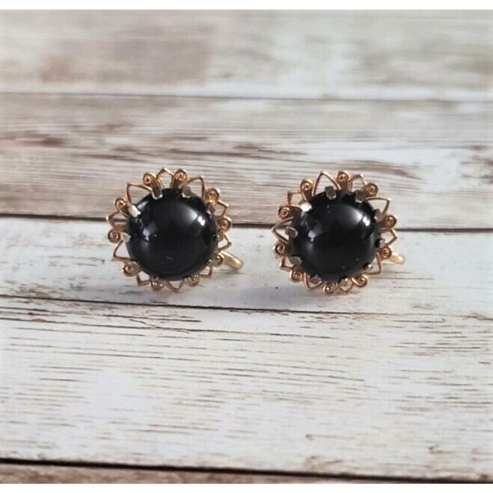 Vintage Screw On Earrings Black Center with Ornate Gold Tone Halo