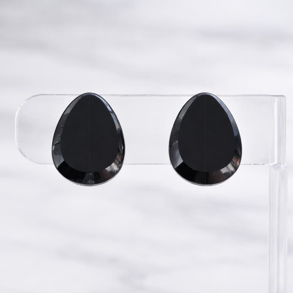 Vintage Clip On Earrings - Shiny Black Teardrop Shape 7/8" West Germany