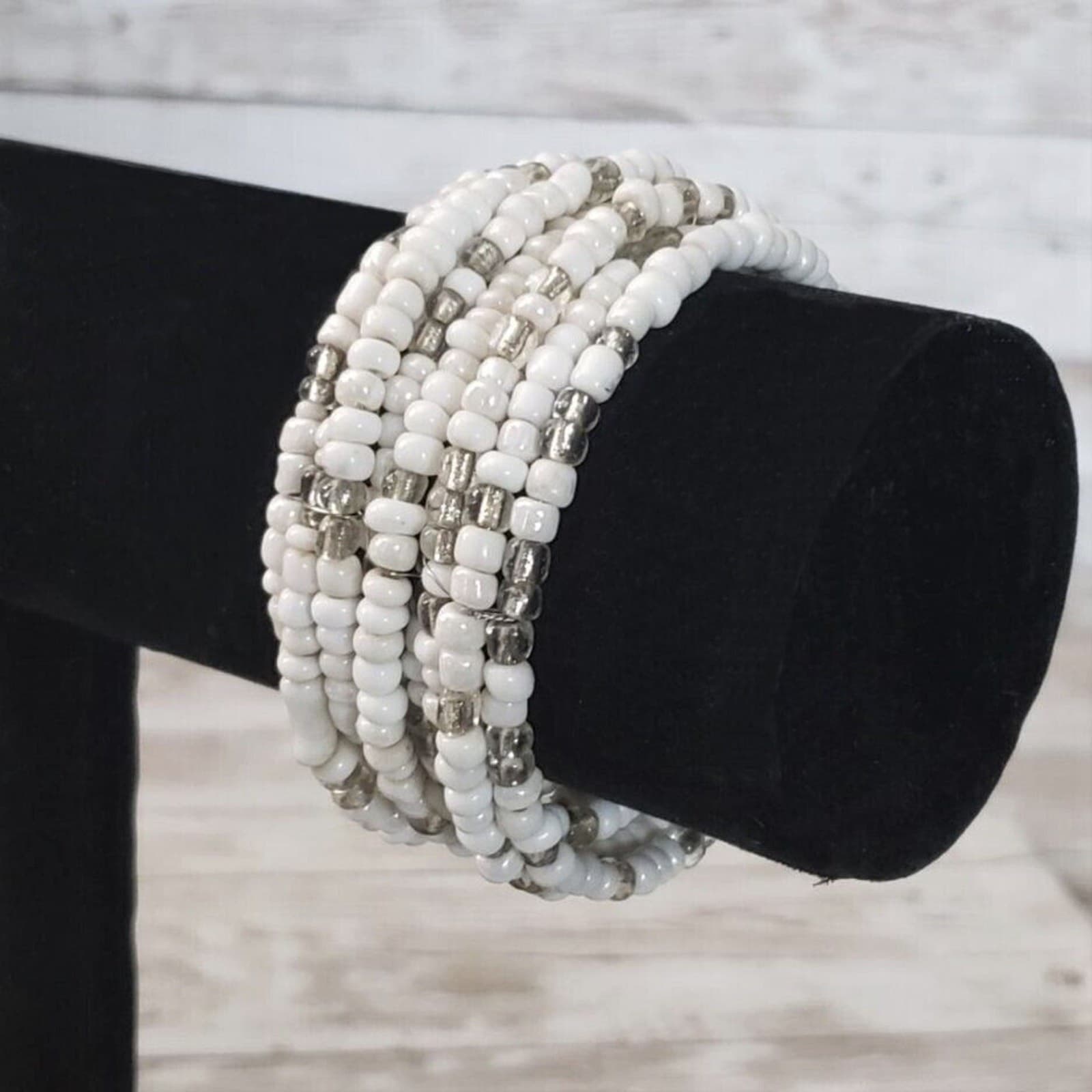 Vintage Bracelet / Bangle - Beaded Wrap / Cuff - Off White