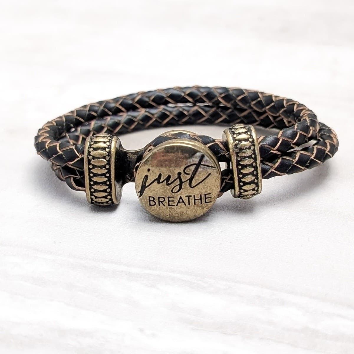 "Just Breathe" Brown & Brass Tone Bracelet - Fair Condition