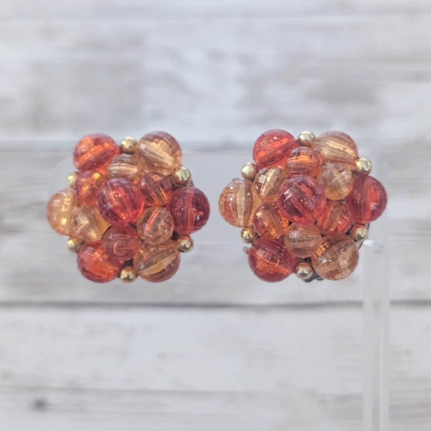Vintage Clip On Earrings Large 1" Cluster Orange & Amber Tones Statement