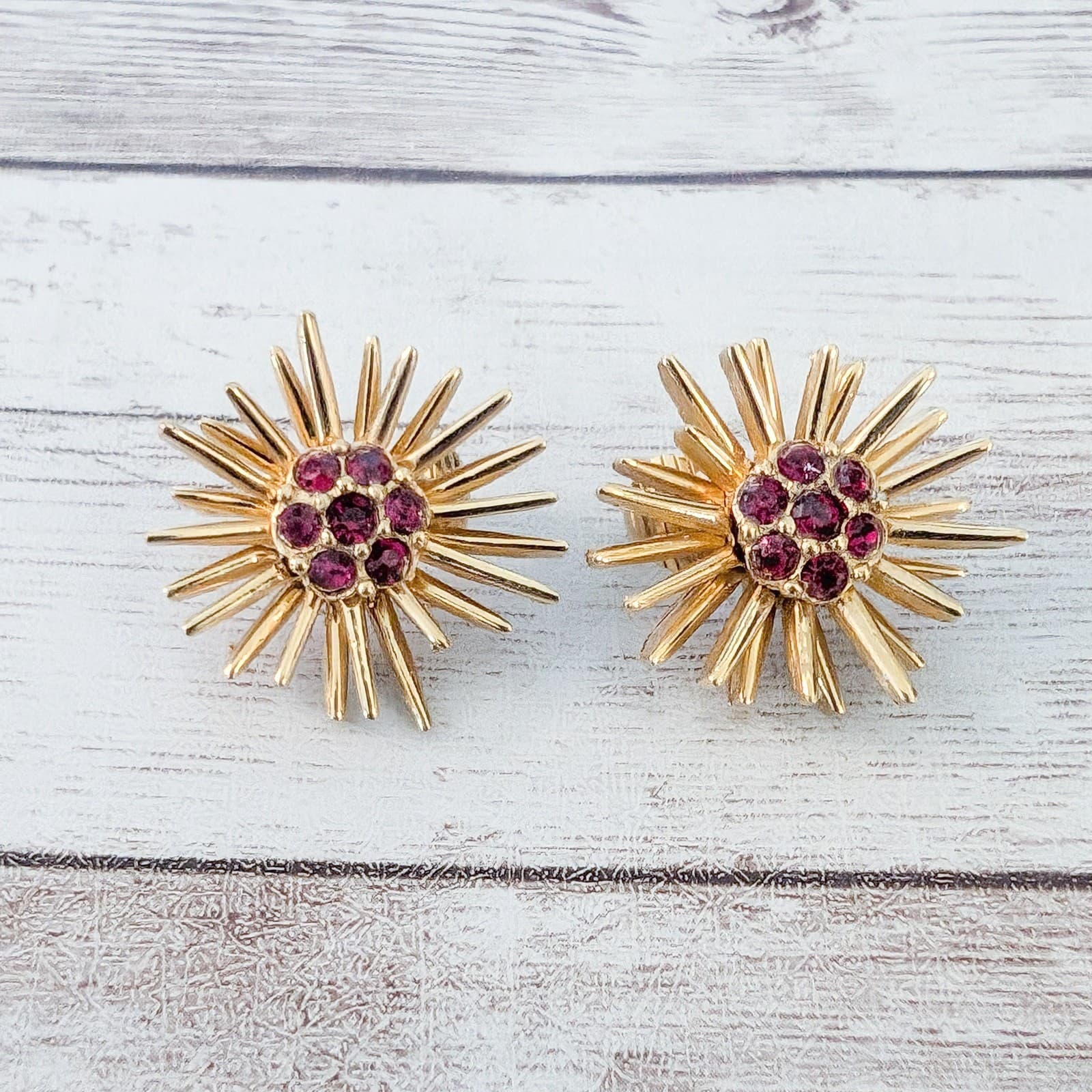 Vintage Clip On Earrings Statement Gold Tone Starburst with Red Gems
