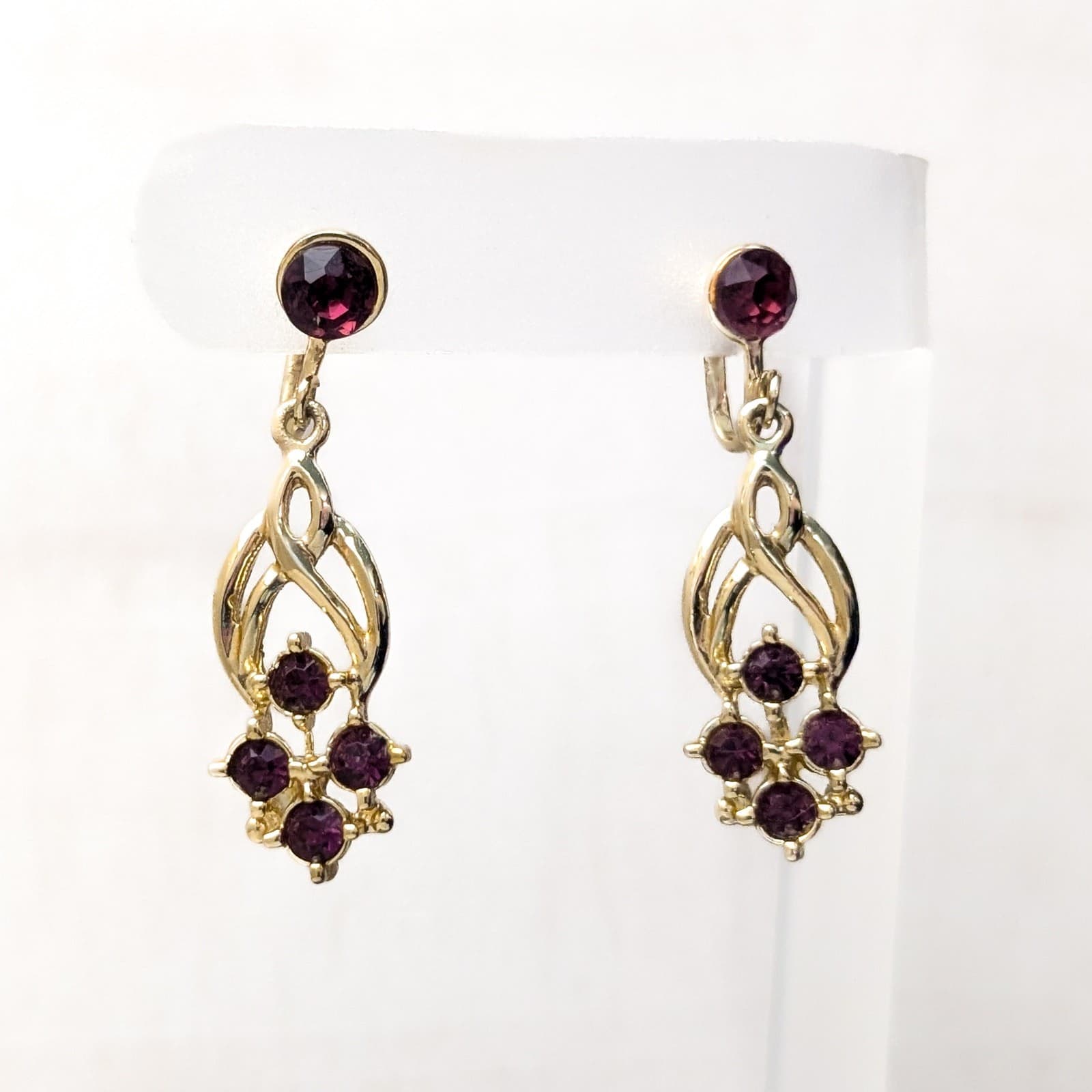 Vintage Screw On Earrings Gold Tone Dangle with Plum Gems Regal & Elegant Drop