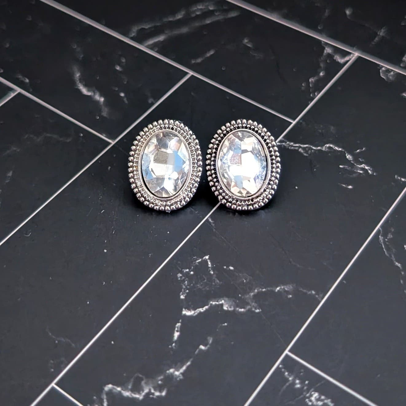 Vintage Stud Earrings Clear Gem Oval with Silver Tone Halo