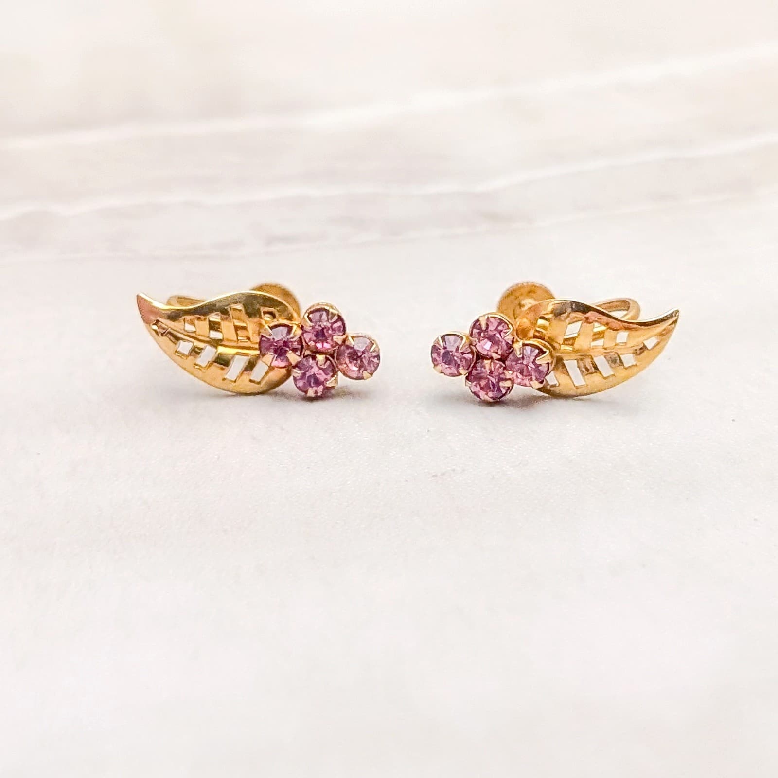 Vintage Screw On Earrings Gold Tone Leaf with Pink Gems Fall Autumn Whimsical