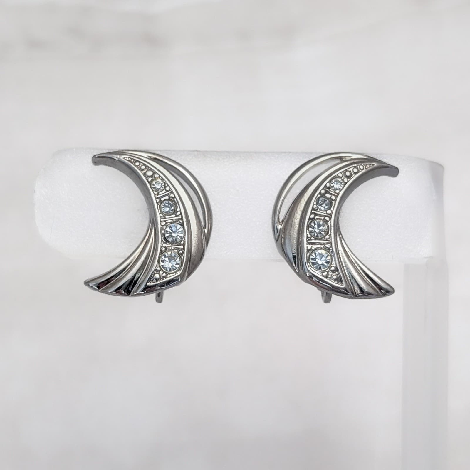 Vintage Clip On Earrings Silver Tone Moon Shape with Clear Gems - Whimsical