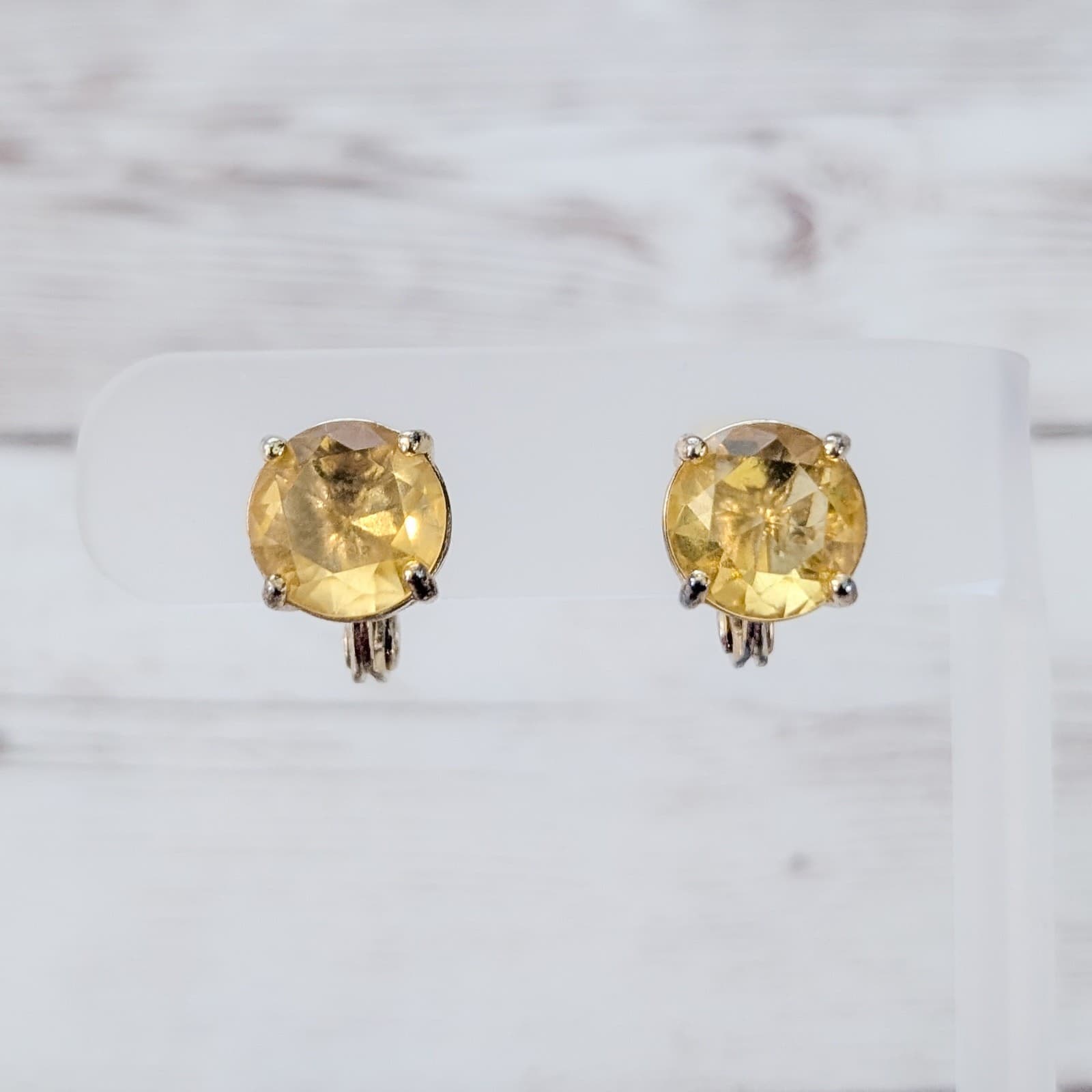 Vintage TJG The Jewelry Group Clip On Earrings 7/16" Yellow Gem Regal Statement