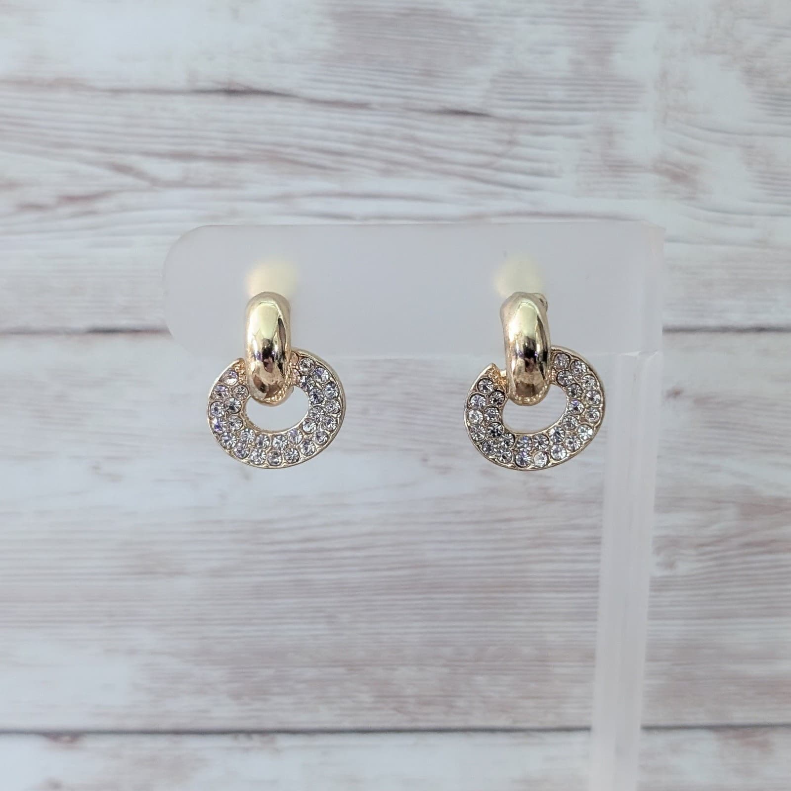 Vintage Clip On Earrings Gold Tone & Clear Gem Classy Oval Shape