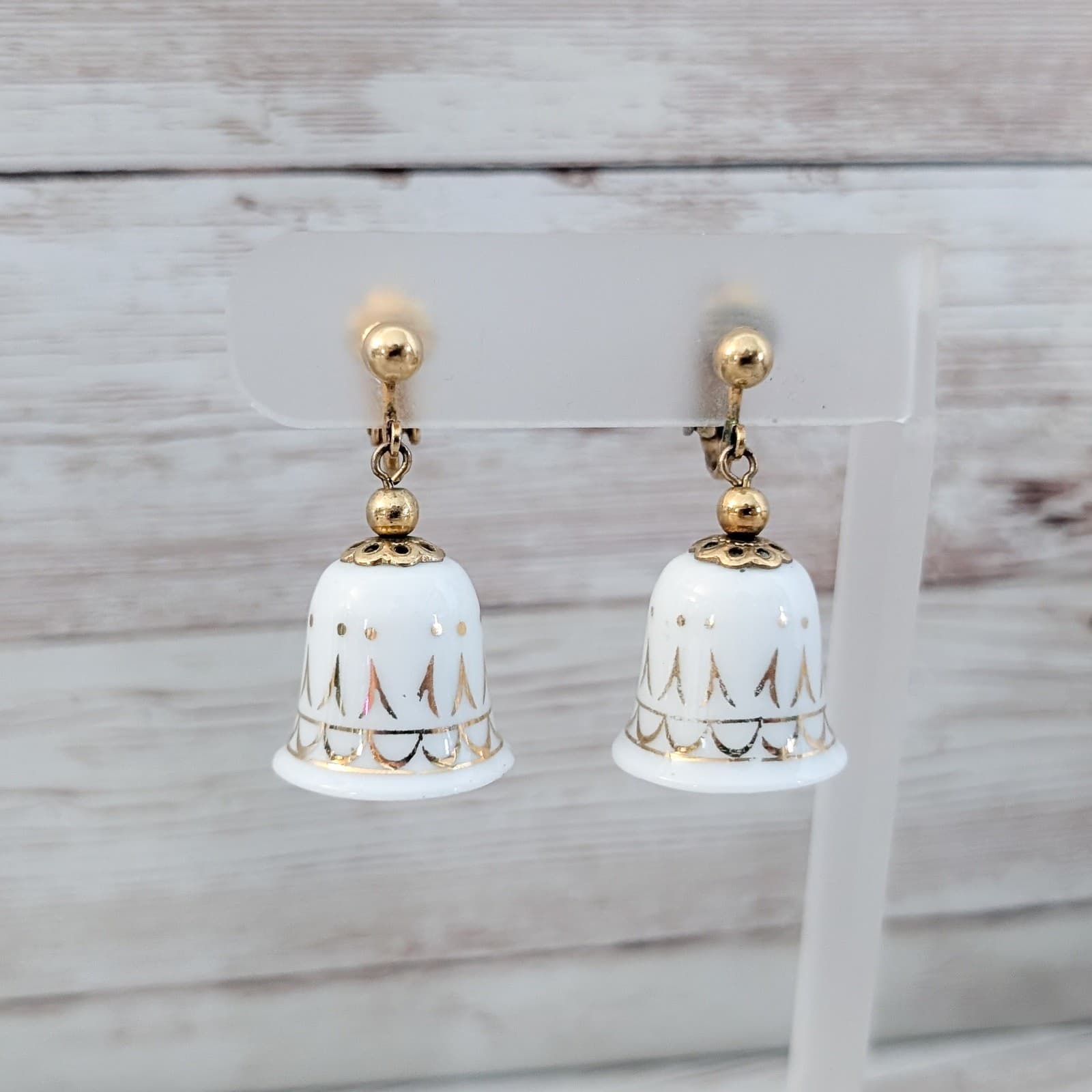 Vintage Avon Clip On Earrings White & Gold Tone Bells