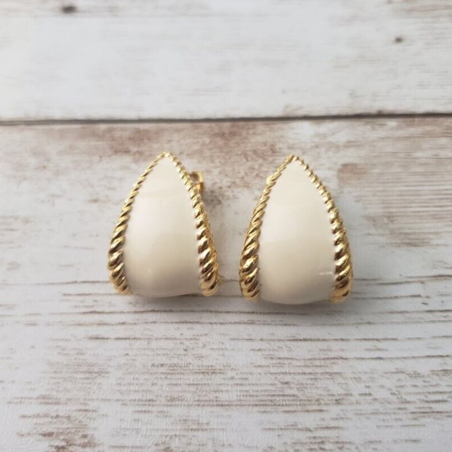 Vintage Clip On Earrings - Cream Enamel & Gold Tone Chunky Statement