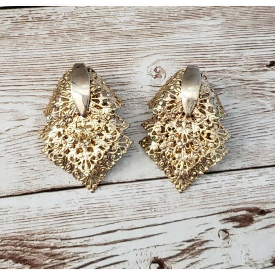 Vintage Sarah Coventry Clip On Earrings Layered Diamond Shape Gold Tone Trio