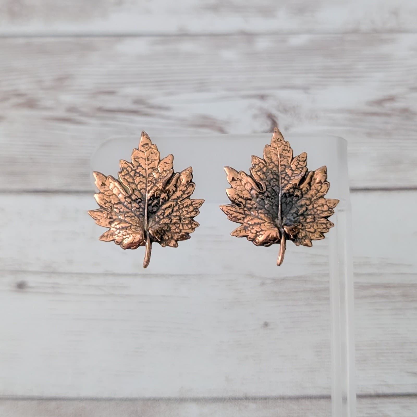 Vintage Screw On Earrings Copper Tone 1.25" Maple Leaf
