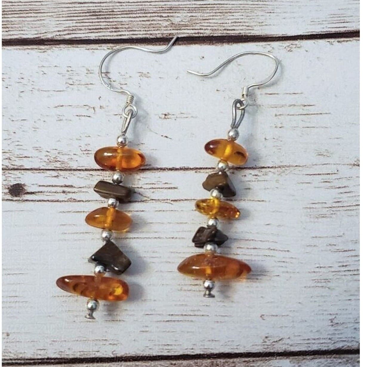 Vintage Earrings Amber & Tigers Eye - 925 Sterling Silver Hooks - Bent Hooks
