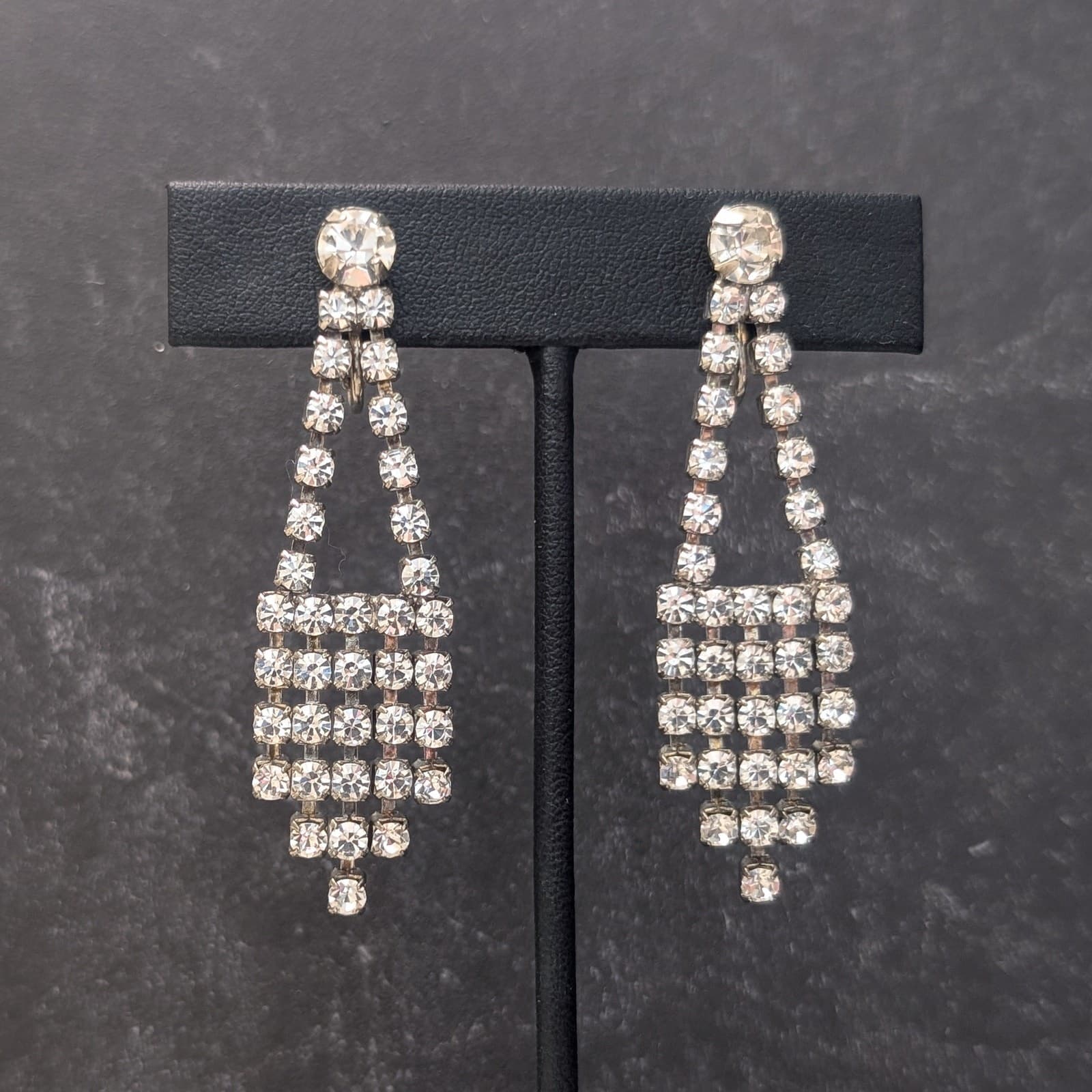 Vintage Clip On Earrings 2.25" Long Clear Gem Drop Dangle Regal Statement