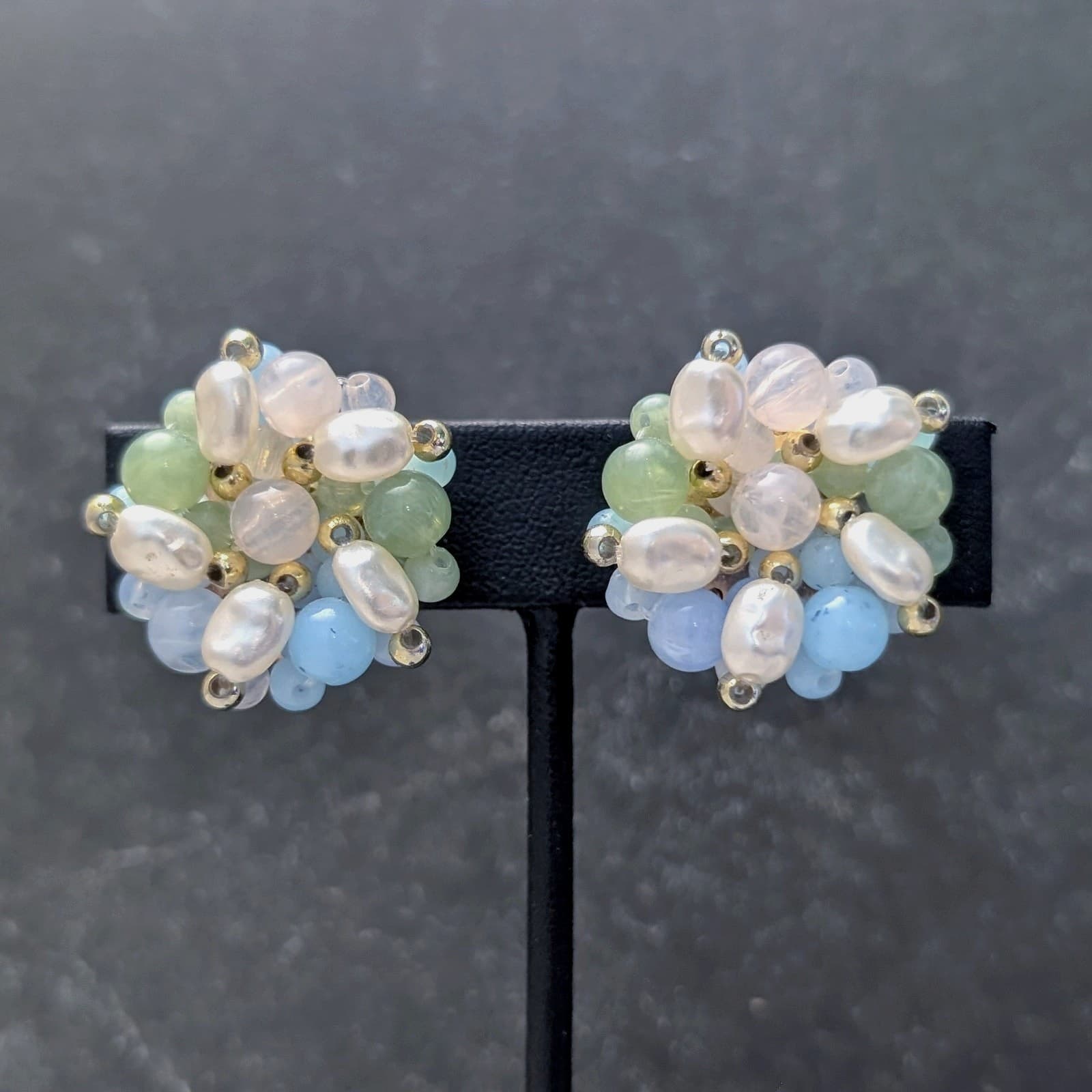 Vintage Clip On Earrings Flower Beaded Cluster Pastel Blue, Faux? Pearl, Green