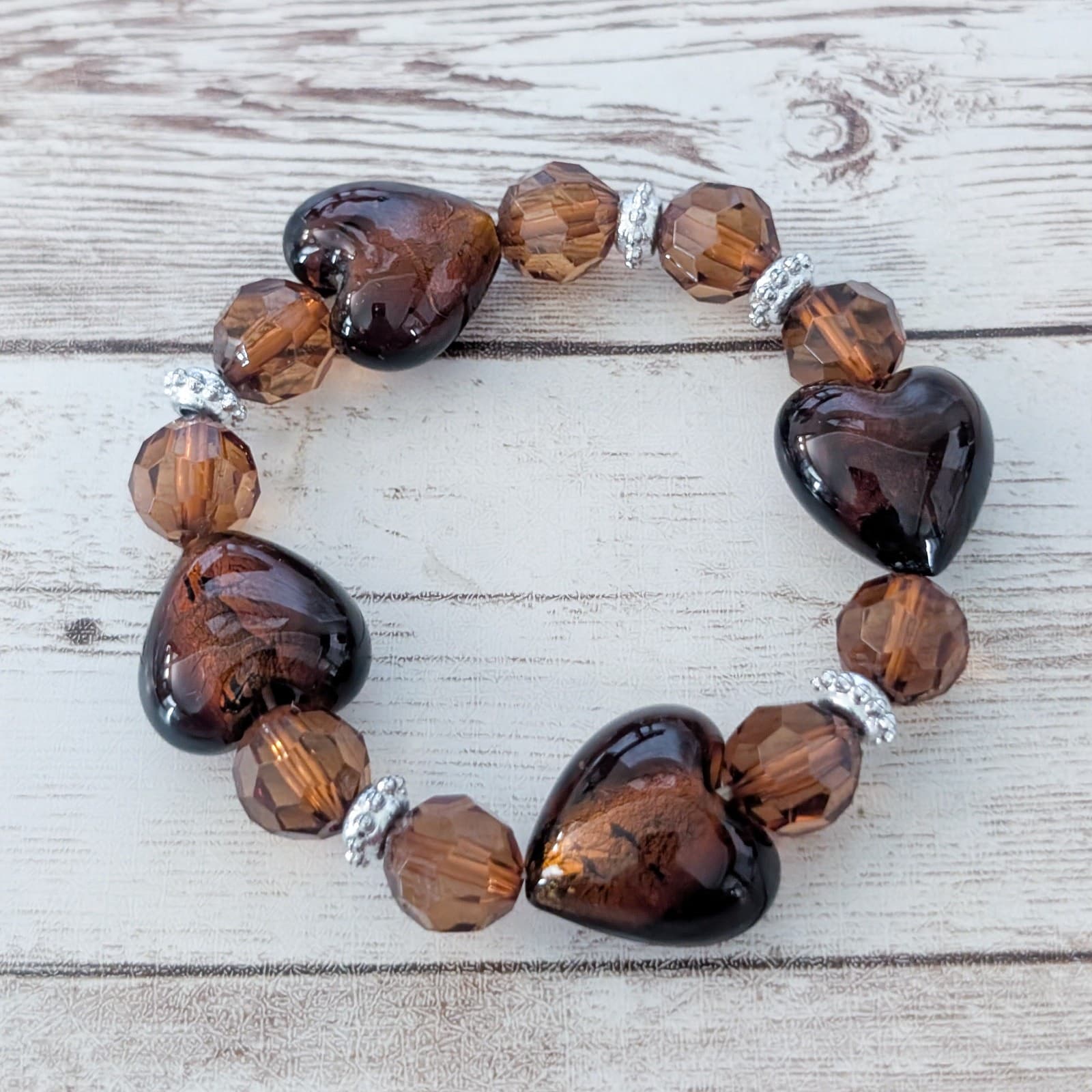 Vintage Stretch Bracelet Chunky Brown Hearts