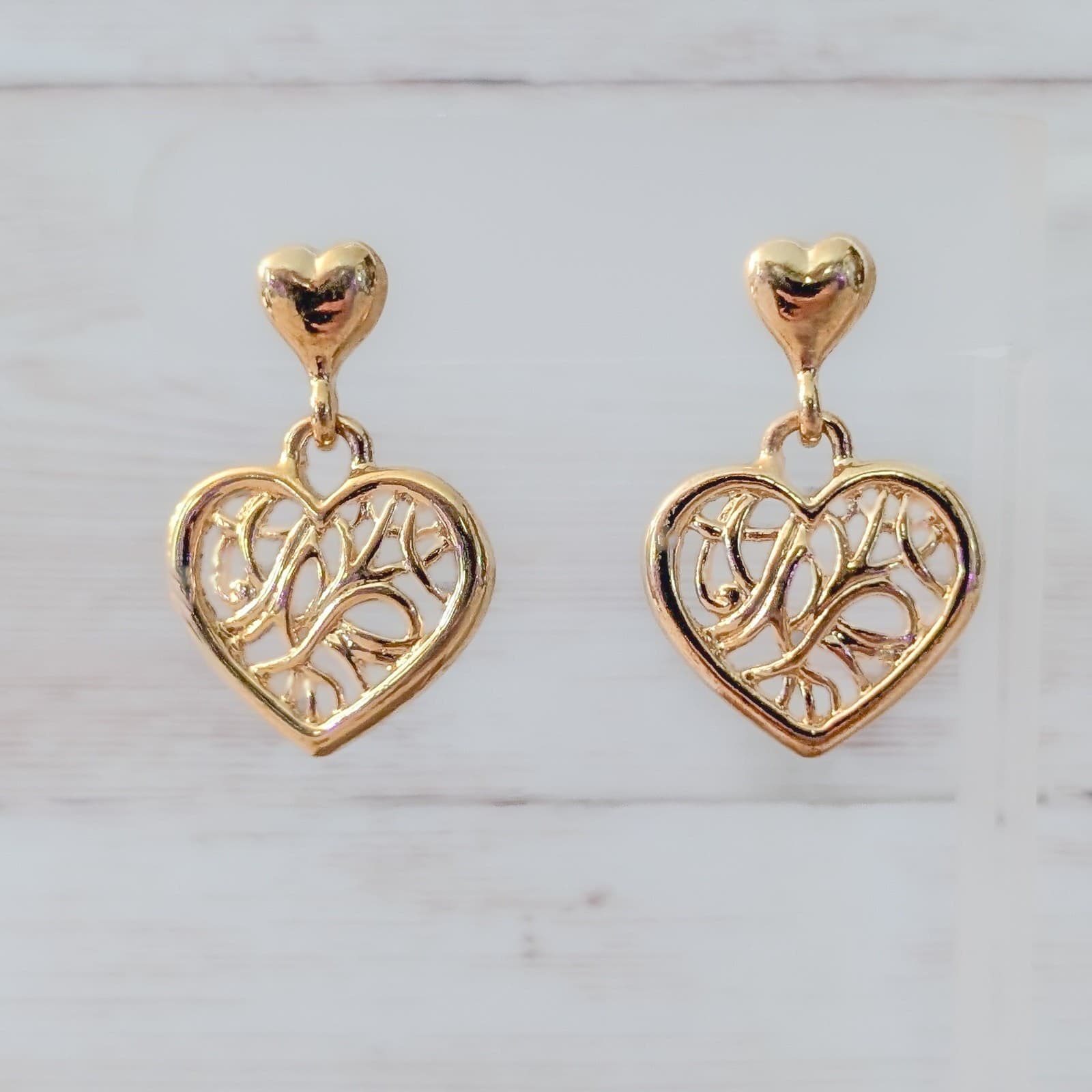 Vintage Stud Earrings Stunning Ornate Gold Tone Heart Dangle Statement