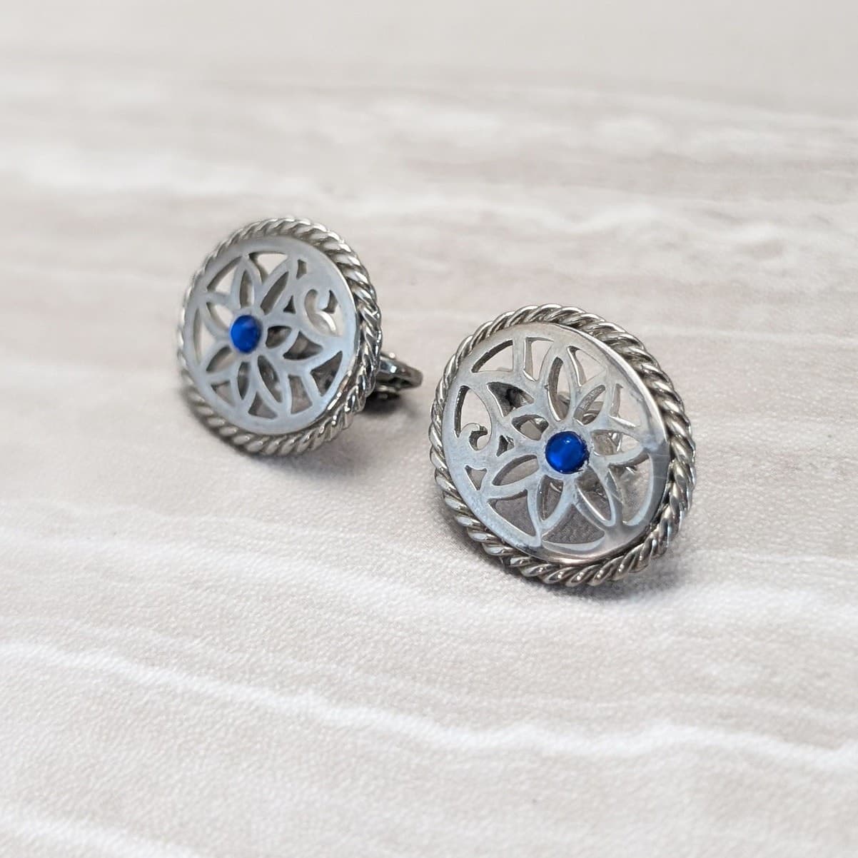Vintage Clip On Earrings Silver Tone Ornate Oval with Blue Gem Center